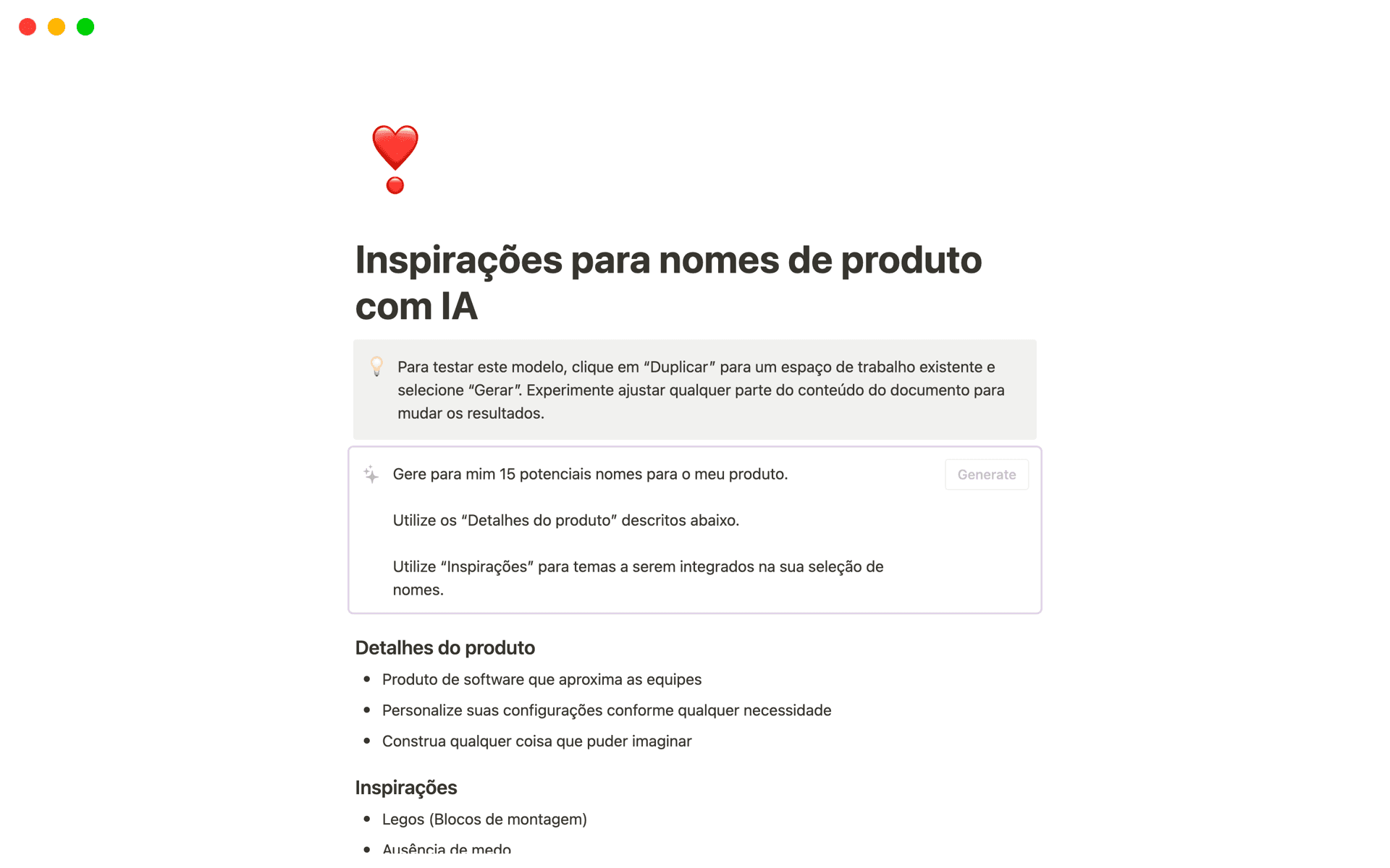 A screenshot of a product name inspiration promt using Notion AI.