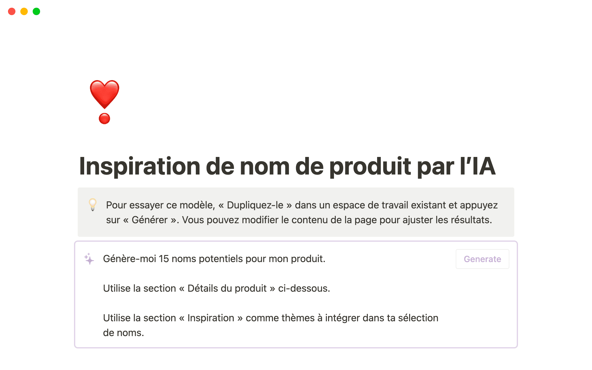 A screenshot of a product name inspiration promt using Notion AI.