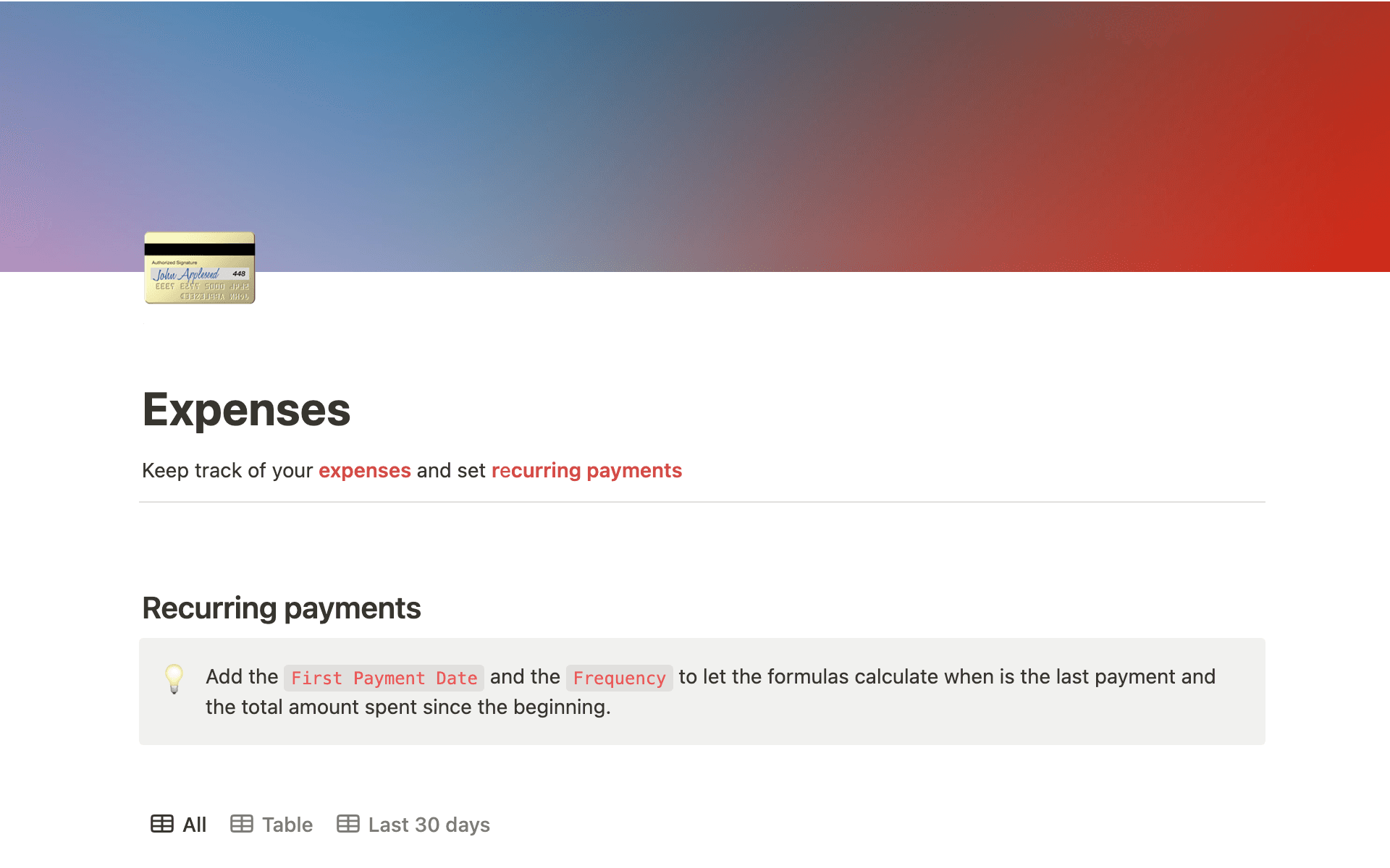 A screenshot of an expenses tracker in Notion.