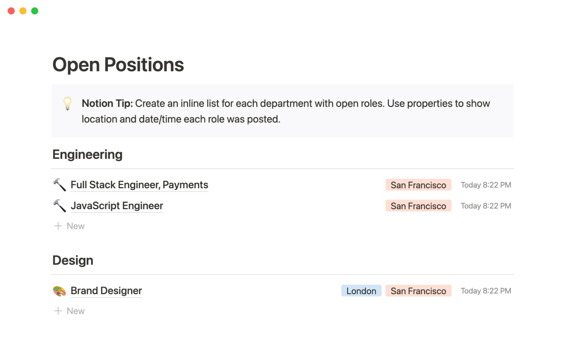 A list of all the open roles at the company.