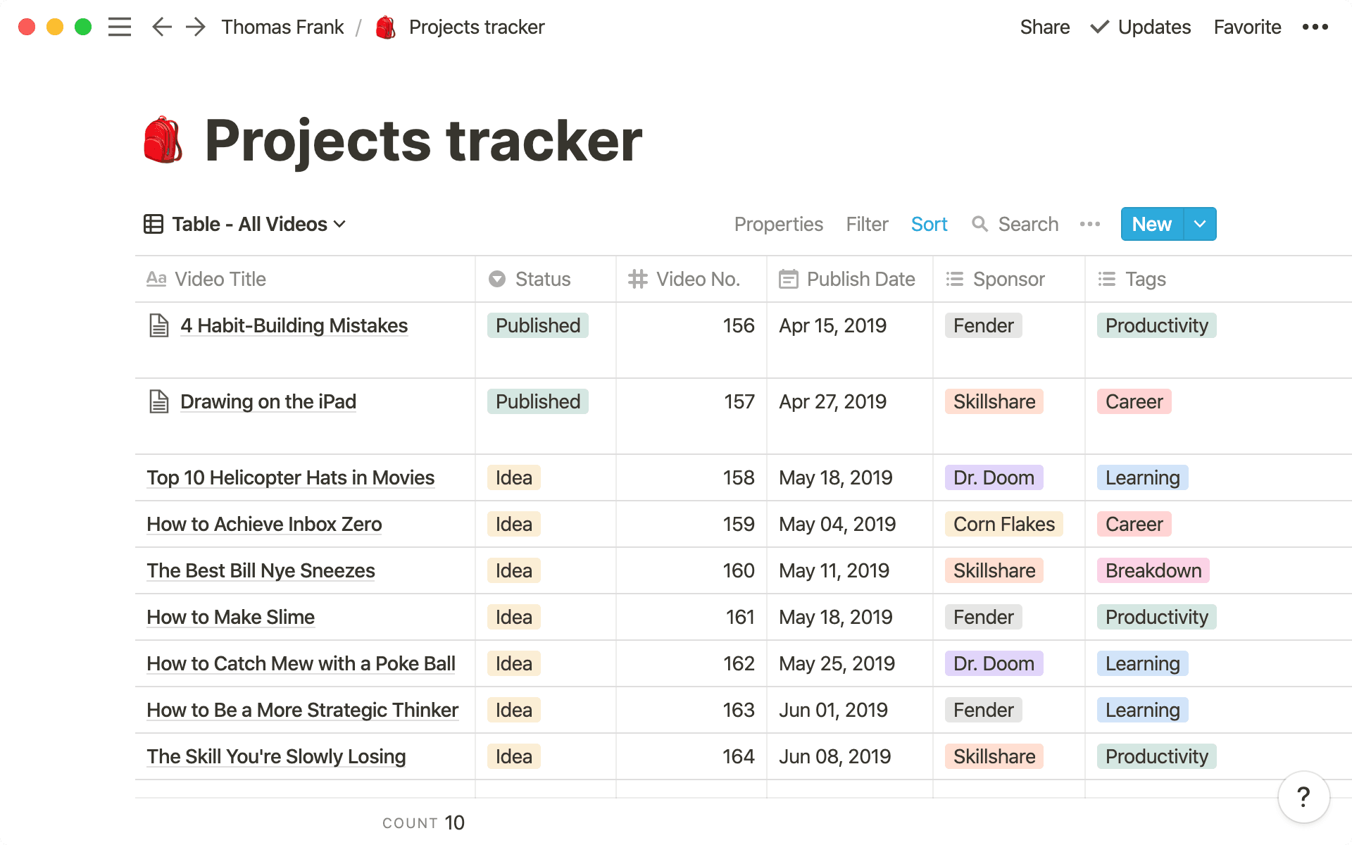 Projects tracker screenshot on Notion