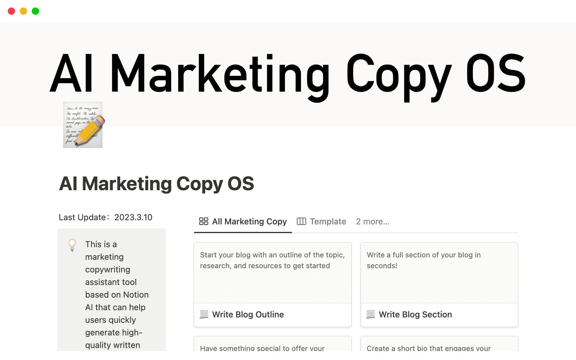 A screenshot of a marketing copy generated with Notion AI.