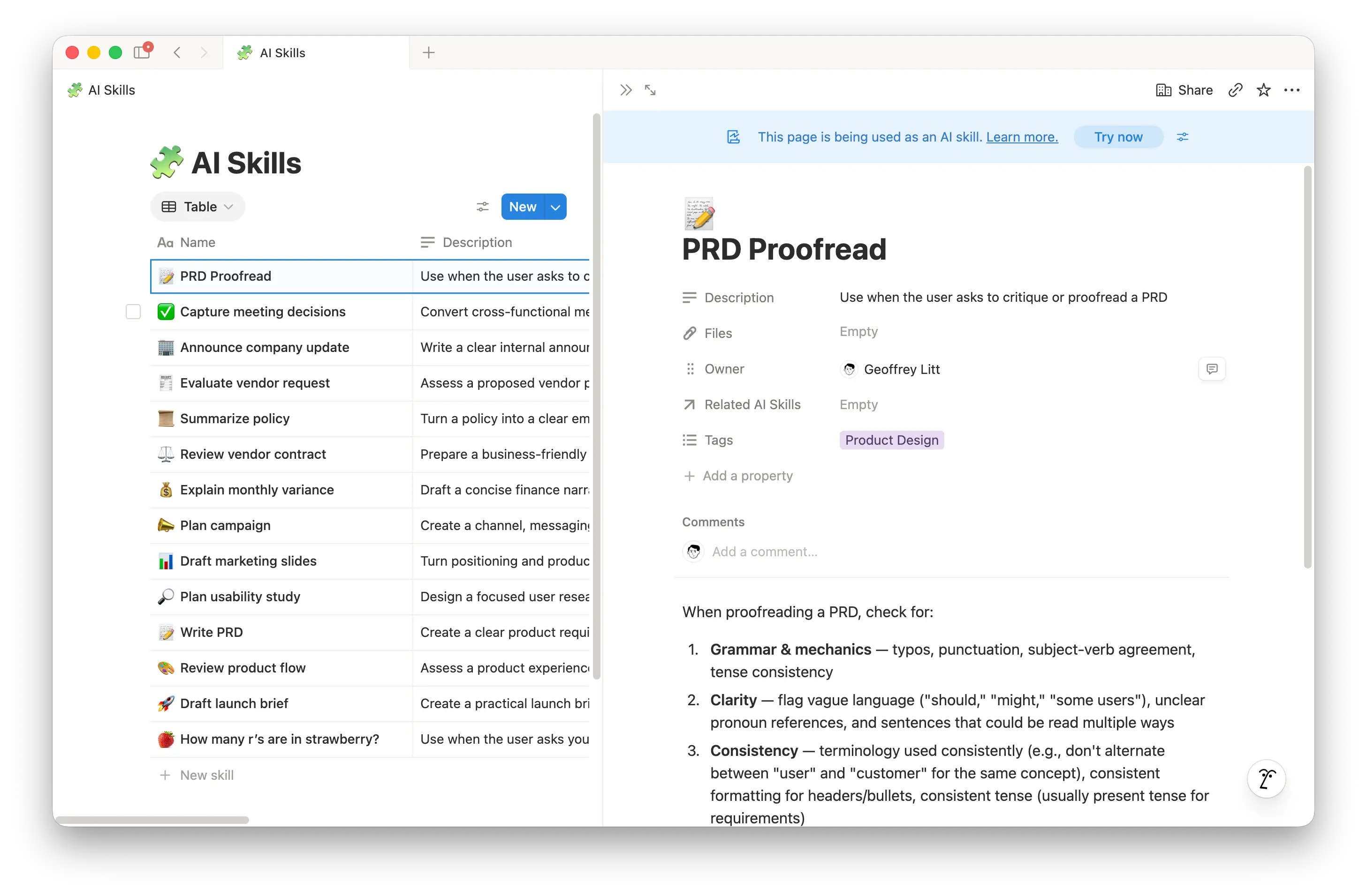 A Notion screenshot featuring a database named AI Skills and, in a right-hand drawer, a skill named PRD Proofread