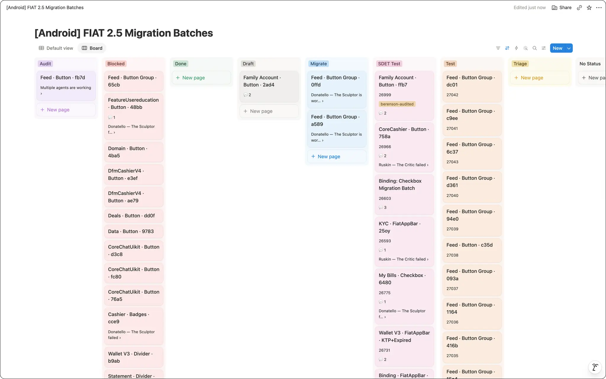 Kanban board tracking DANA's migration using Notion.