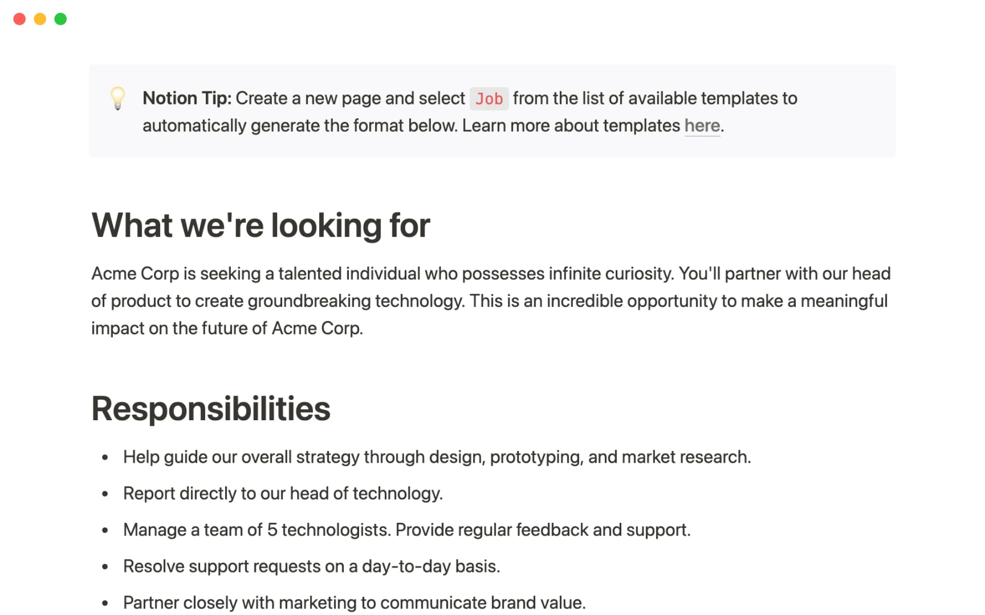 Job description using Notion