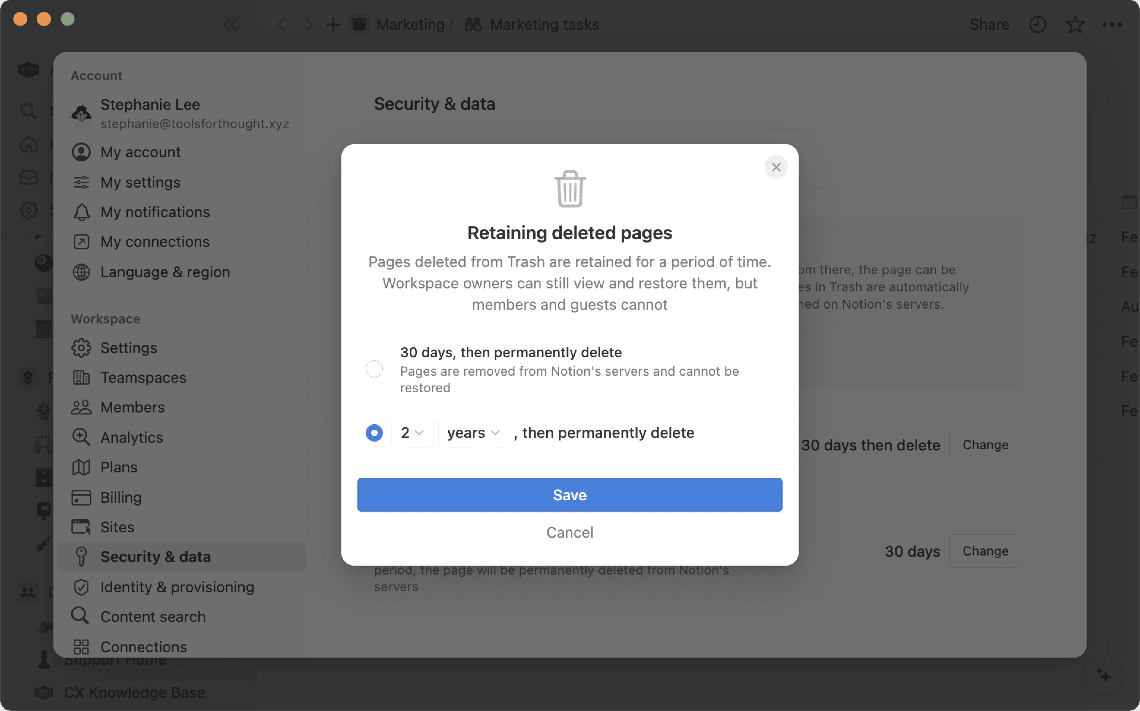 ca: página de configuración de conservación de datos personalizada