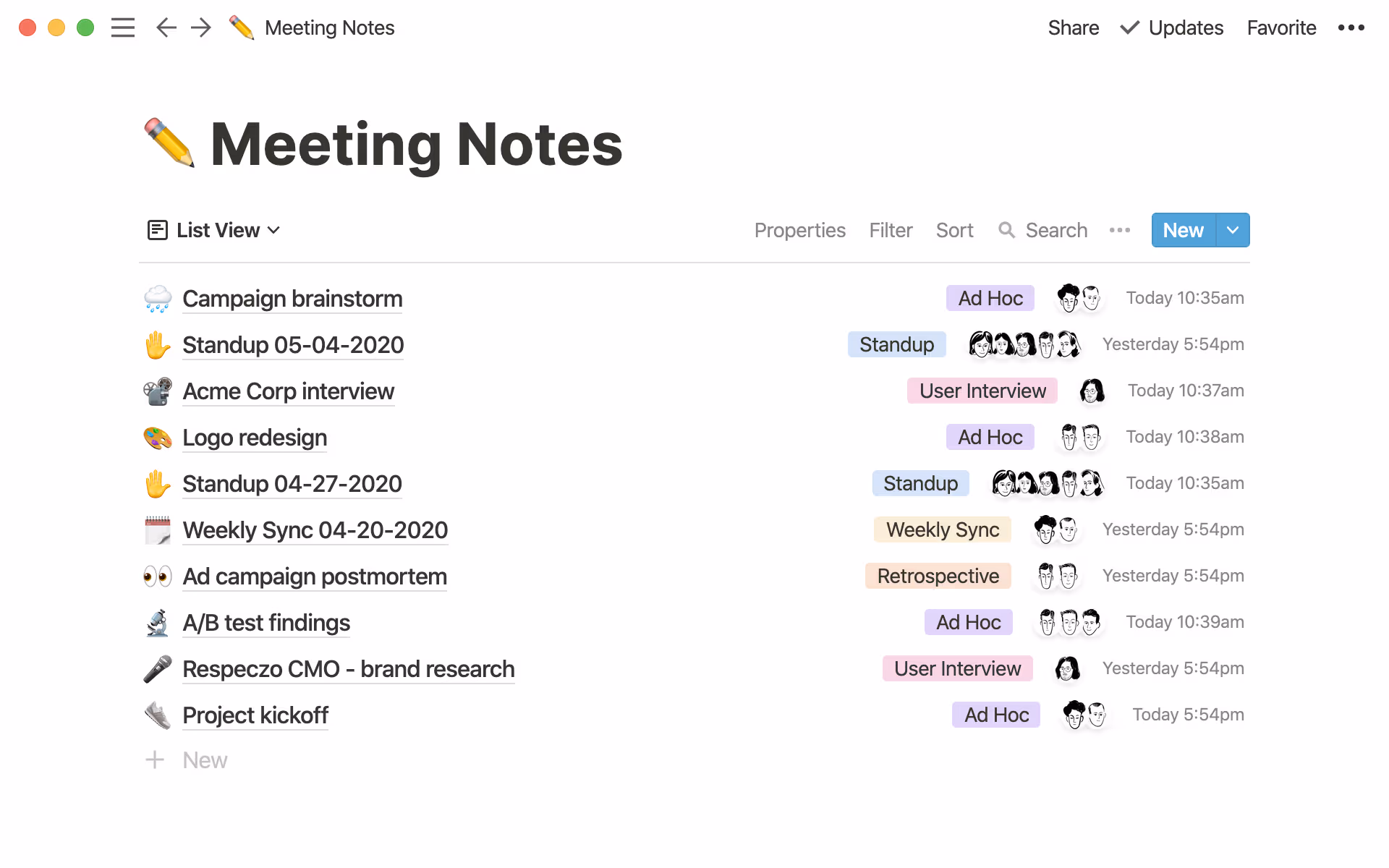 Todas las notas de reunión ordenadas en un solo espacio de trabajo de Notion