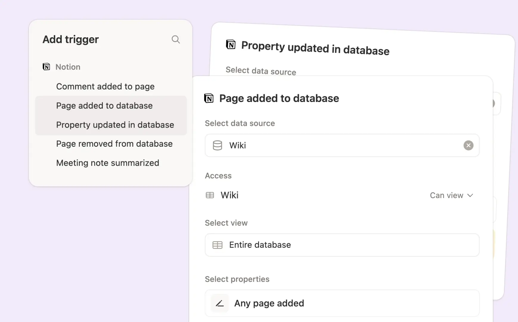 Set up two triggers, "Page added to database," and, "Property updated in database," then click save.
