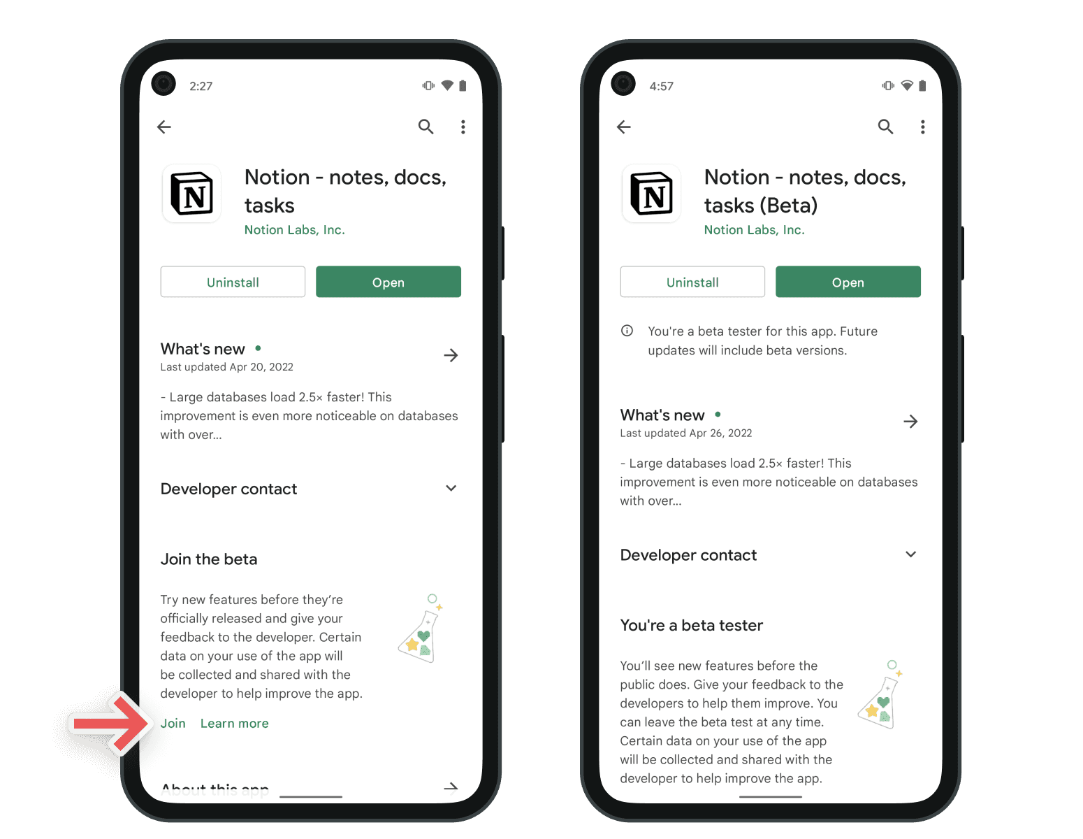 Google Play Store에서 Notion의 Android 베타 앱에 가입하는 스크린샷