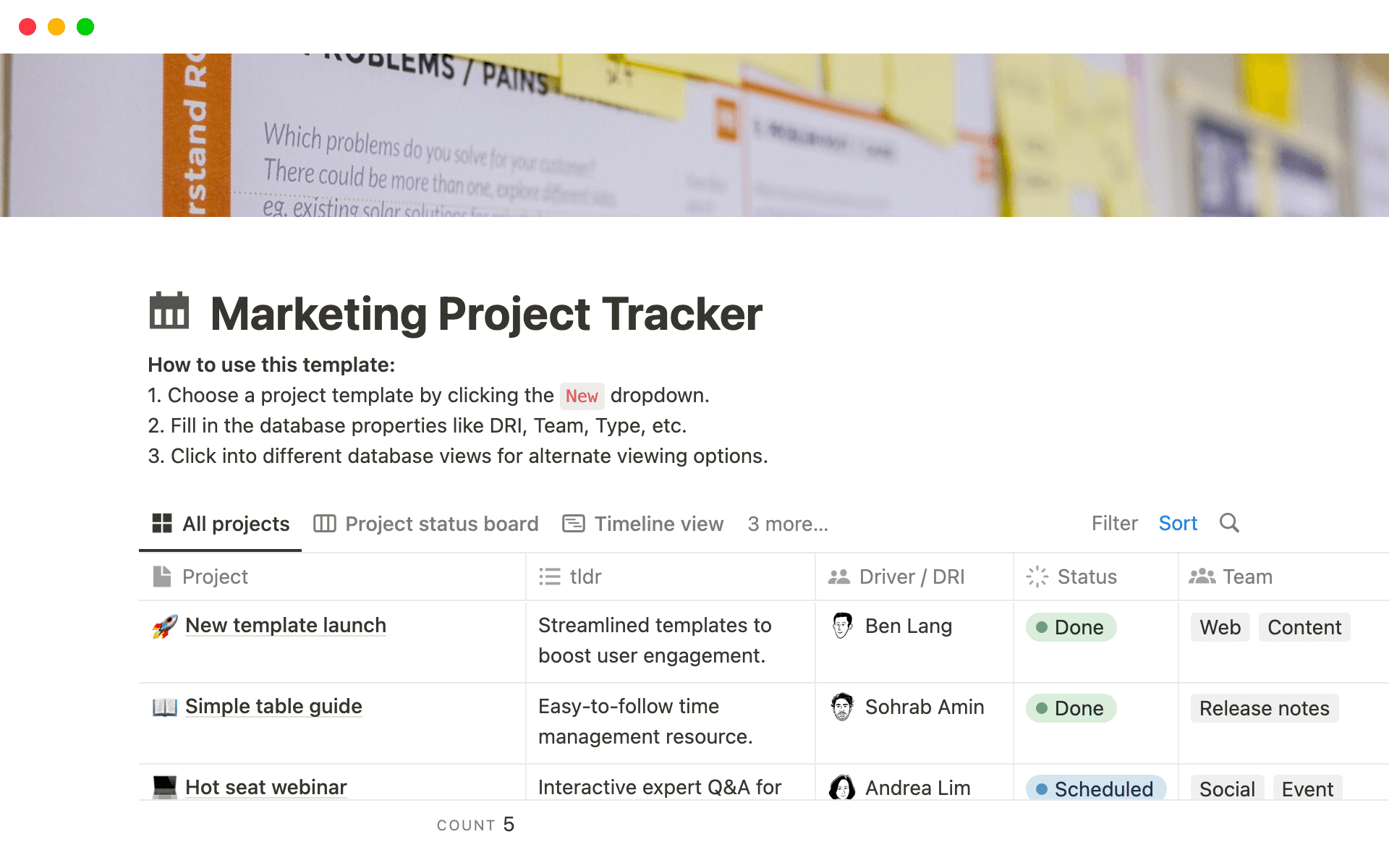 Marketing project tracker screenshot on Notion