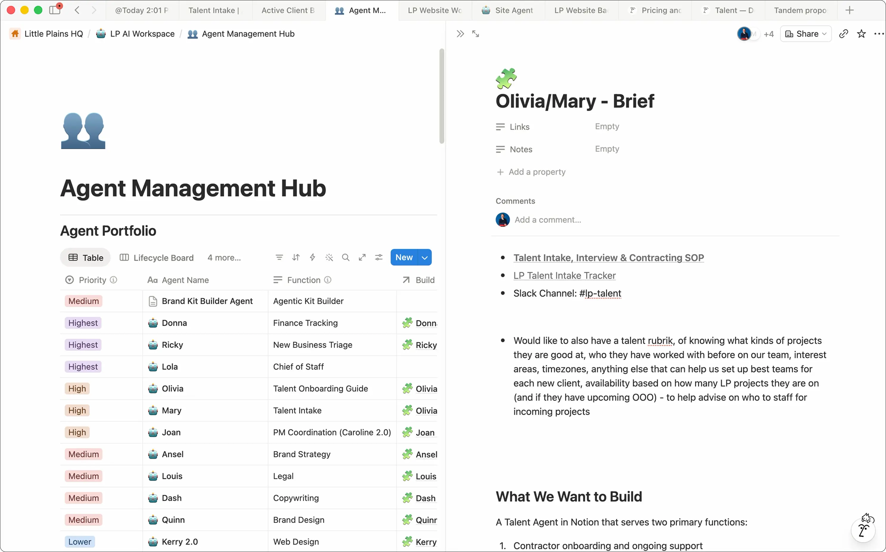 Little Plains uses an agent management hub to organize the team's AI agents and let anyone request agents with a standardized brief format.