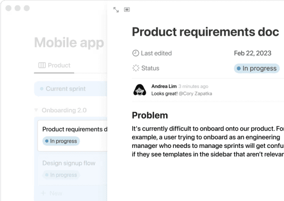 A product requirements document that's linked to a project task in Notion