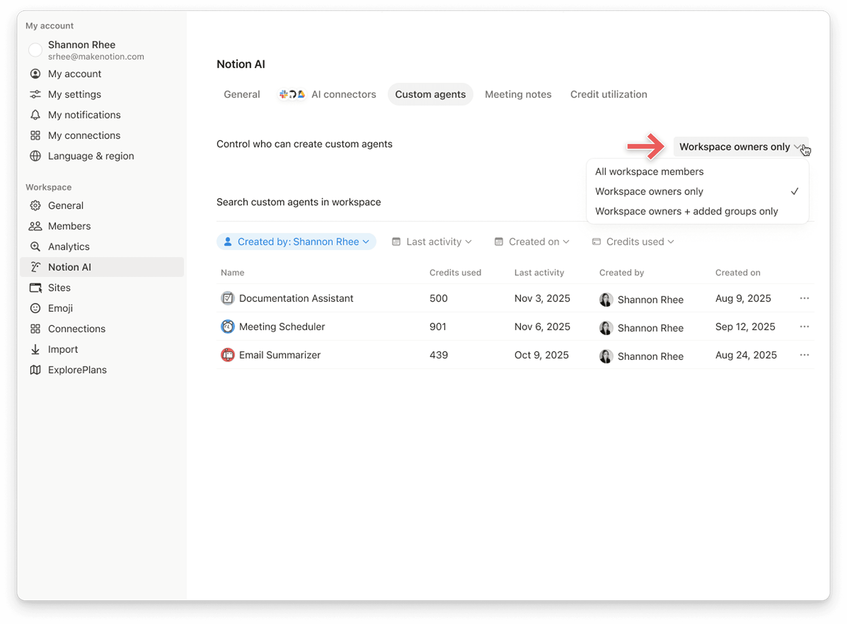 notion credits dashboard who can create agent