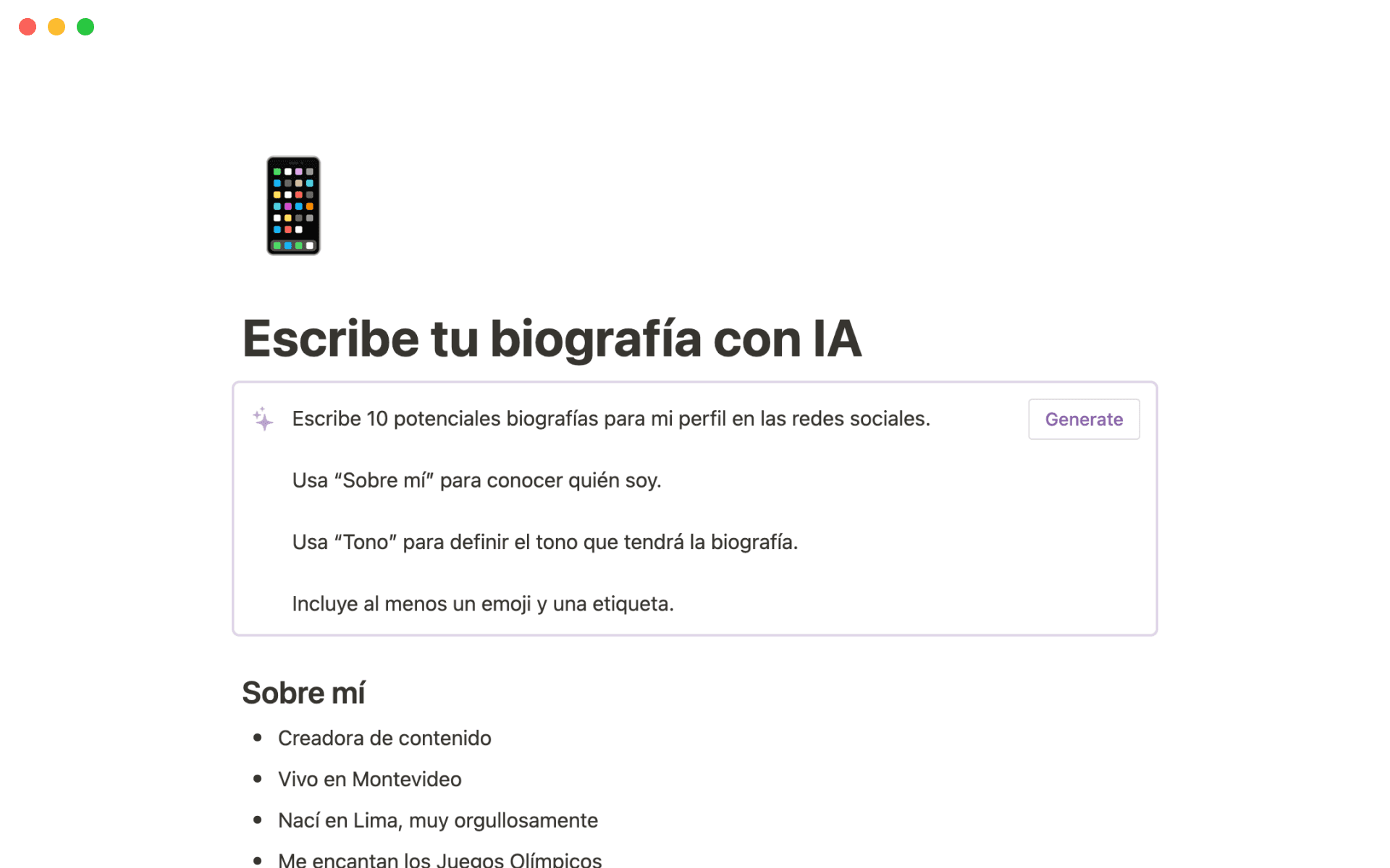 A screenshot of social media bio ideas written with Notion AI.