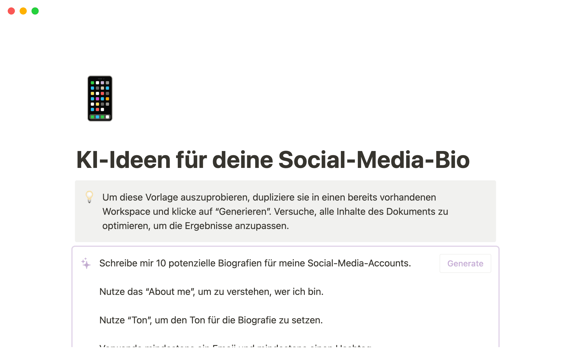 A screenshot of social media bio ideas written with Notion AI.