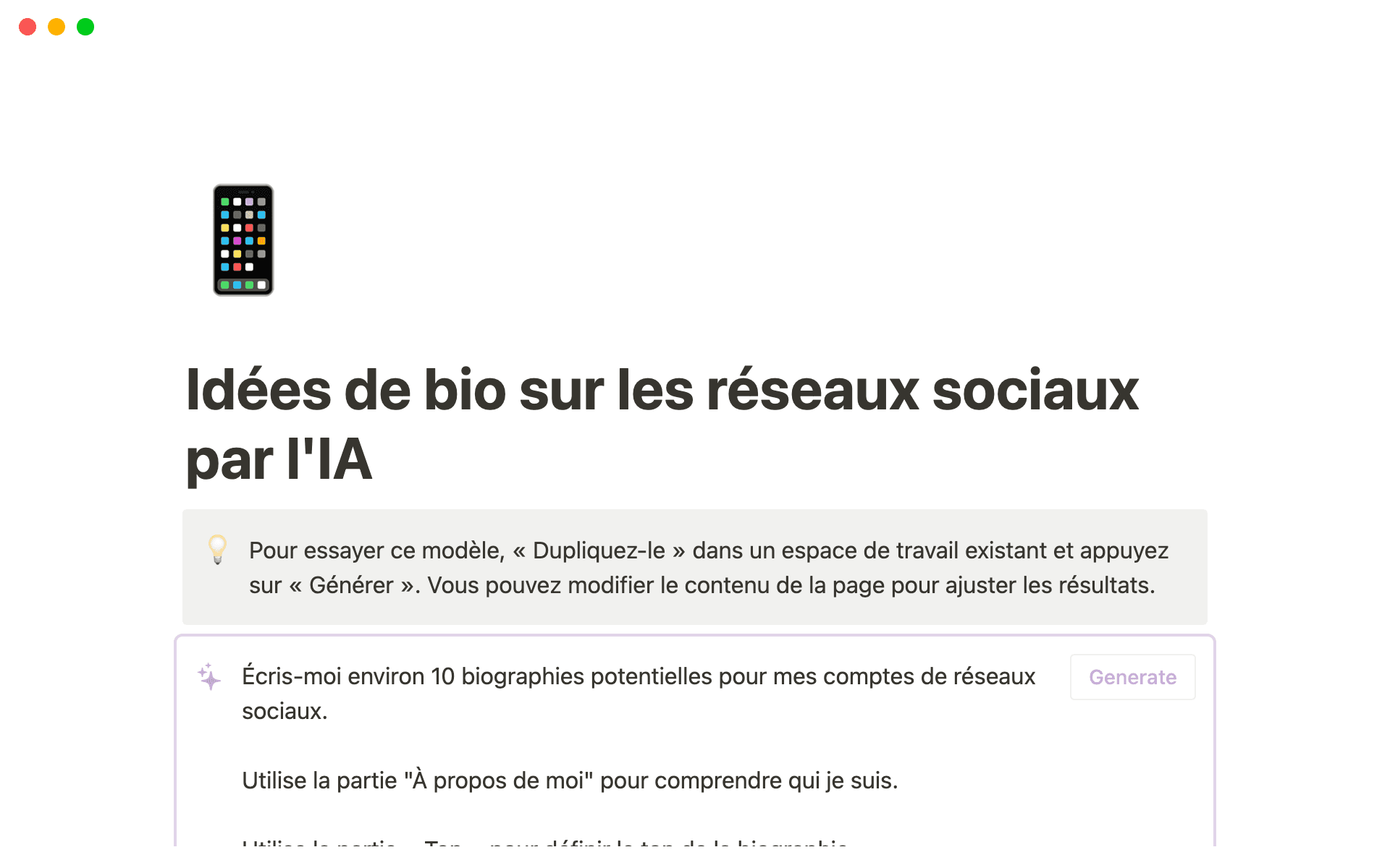 A screenshot of social media bio ideas written with Notion AI.