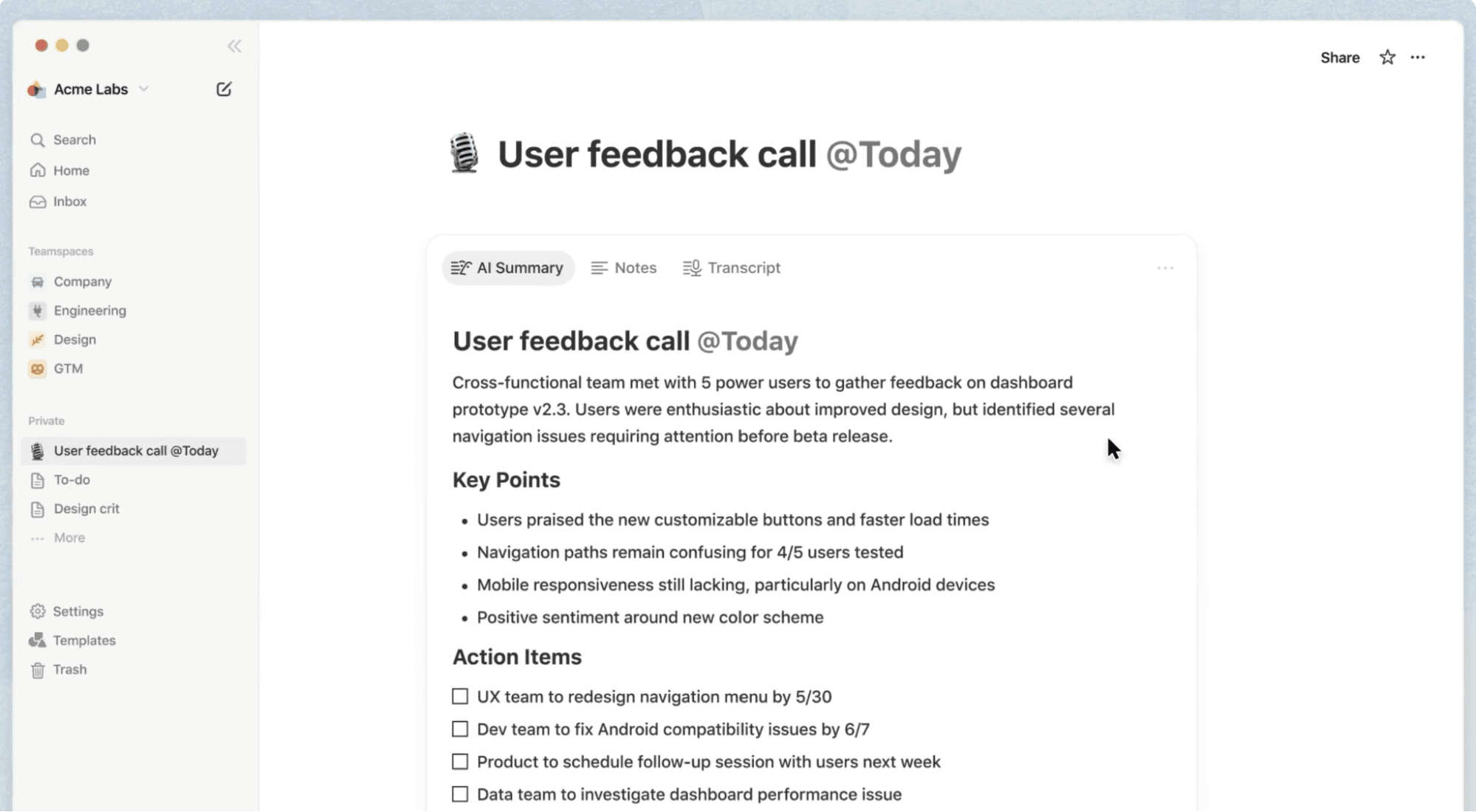 A screenshot of a sample of AI-generated meeting notes in Notion