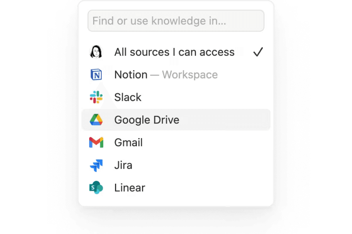 A drop-down of source options that are available in Notion’s Enterprise Search feature