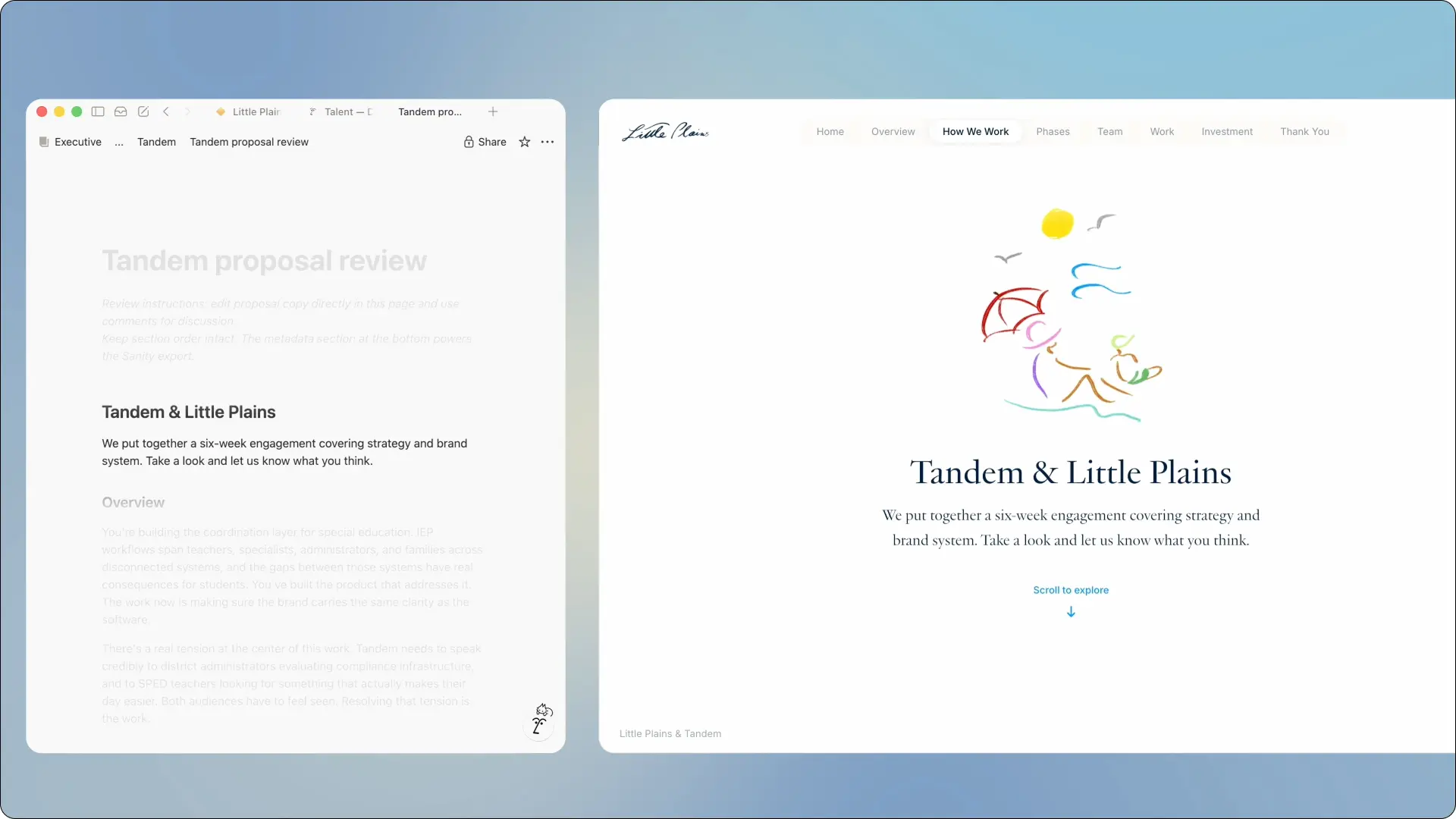 Little Plains drafts business proposals as a team in Notion, and connects to Sanity CMS to send a branded version to prospects.