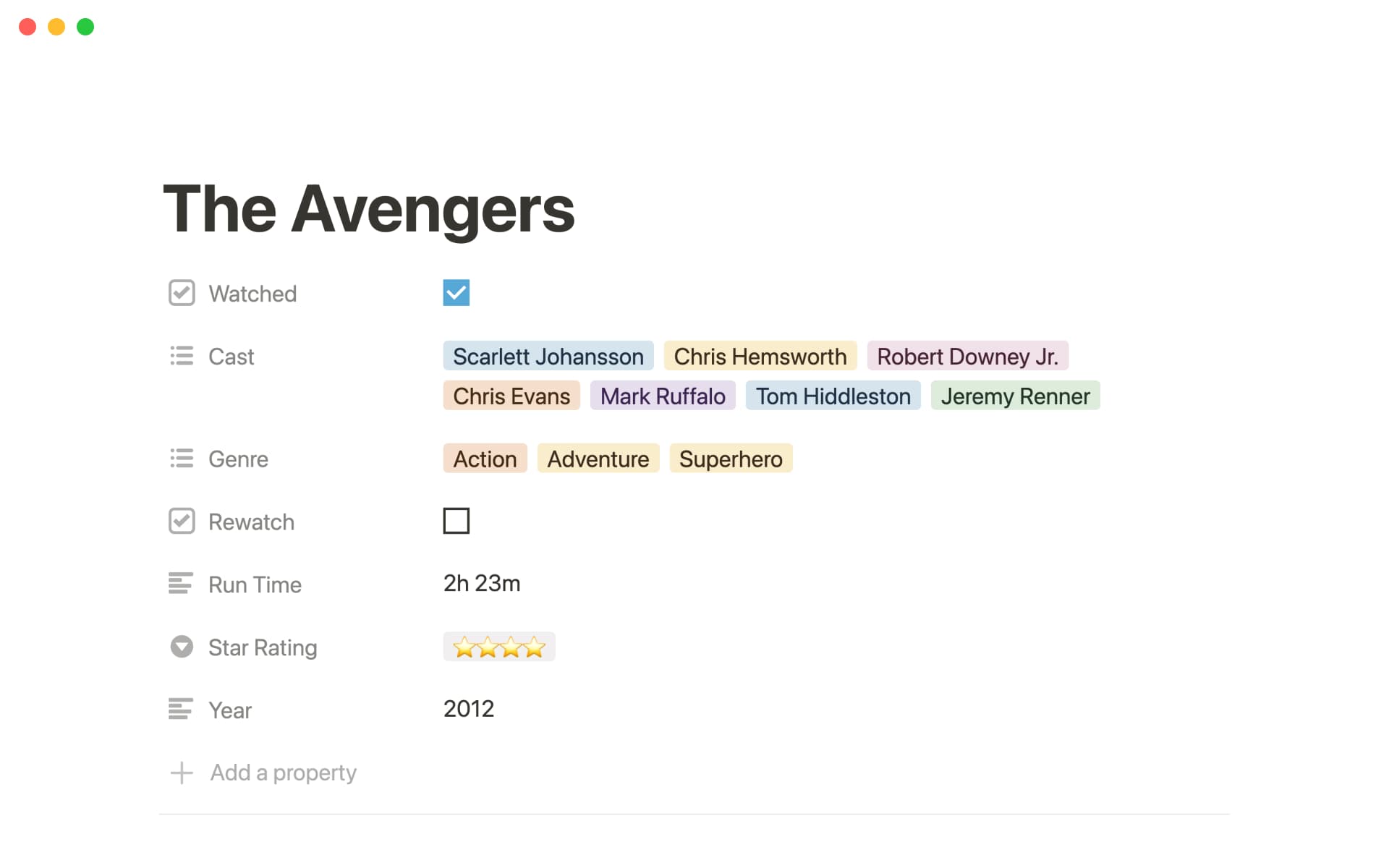 A screenshot of a movie tracker with a specific movie page open.
