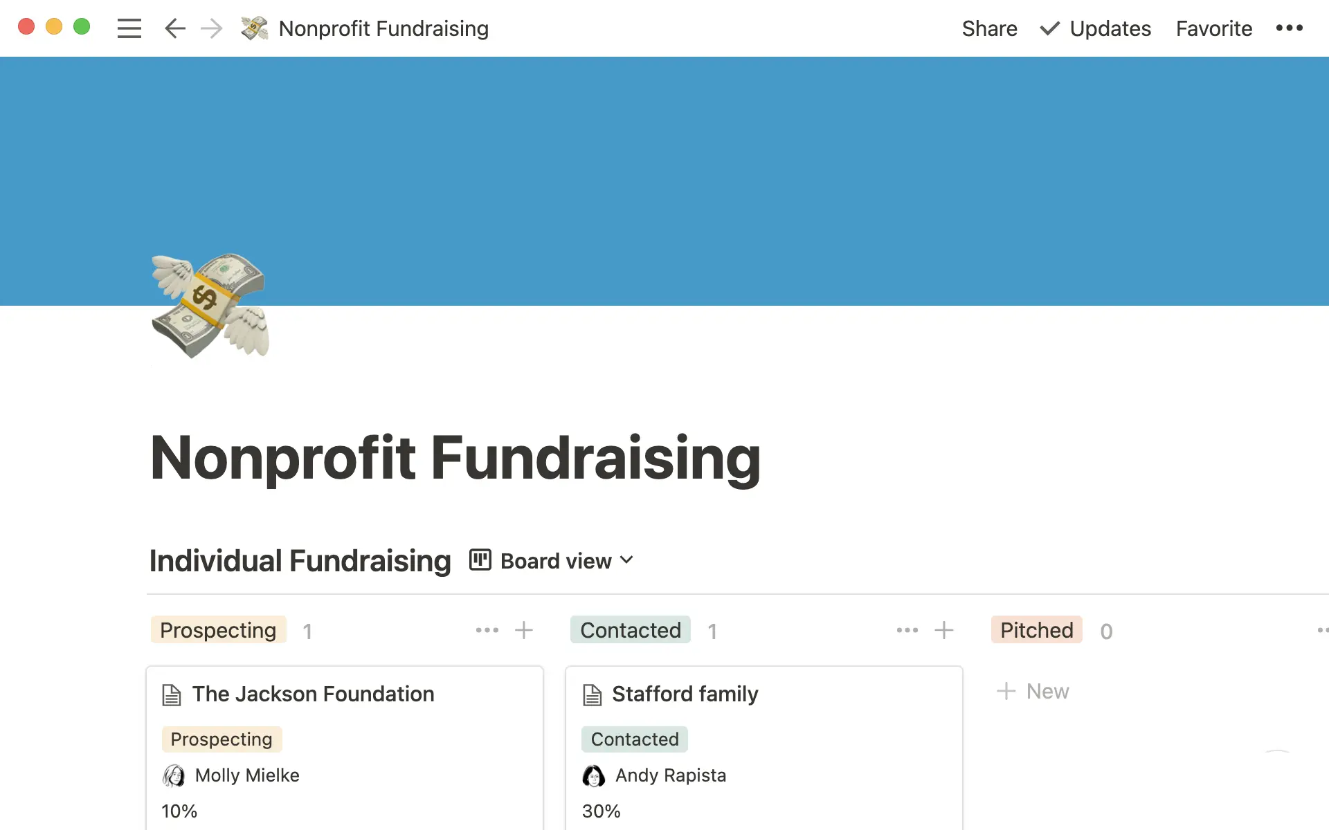 Vista de tablero de una campaña de recaudación de fondos mostrando las diferentes etapas, incluida la prospección, el contacto y la presentación.