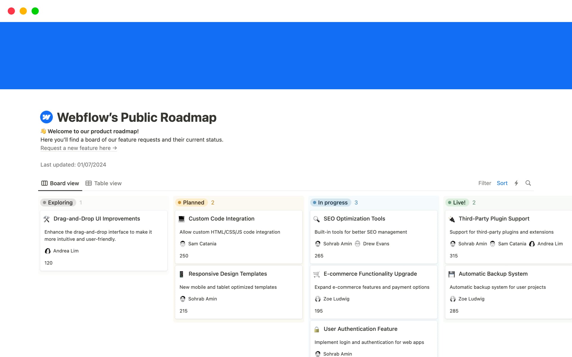 Webflow’s (S13) Public Roadmap template offers an interactive, transparent view of your product’s development journey.