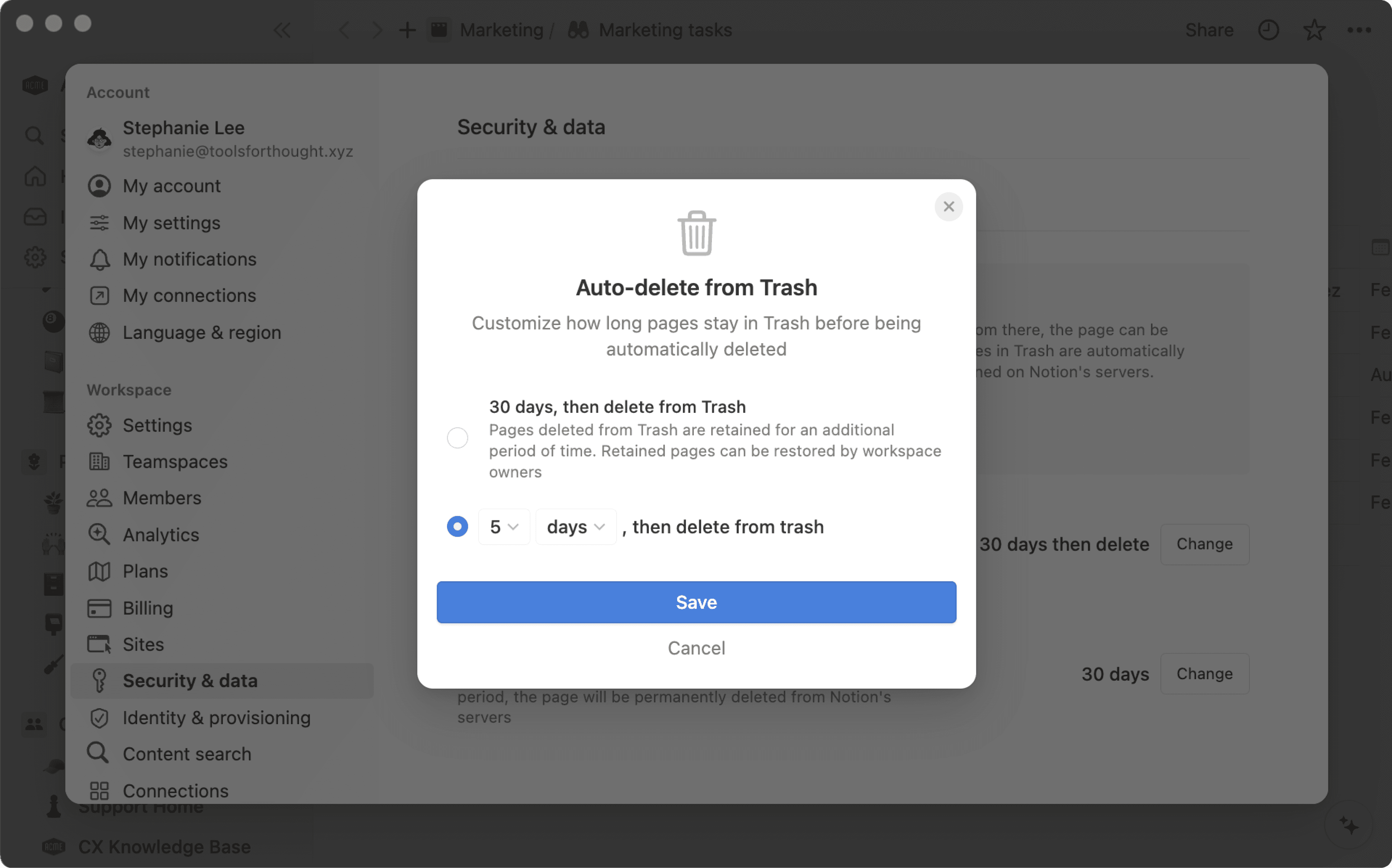 ca: configuración de eliminación de página de conservación de datos personalizada