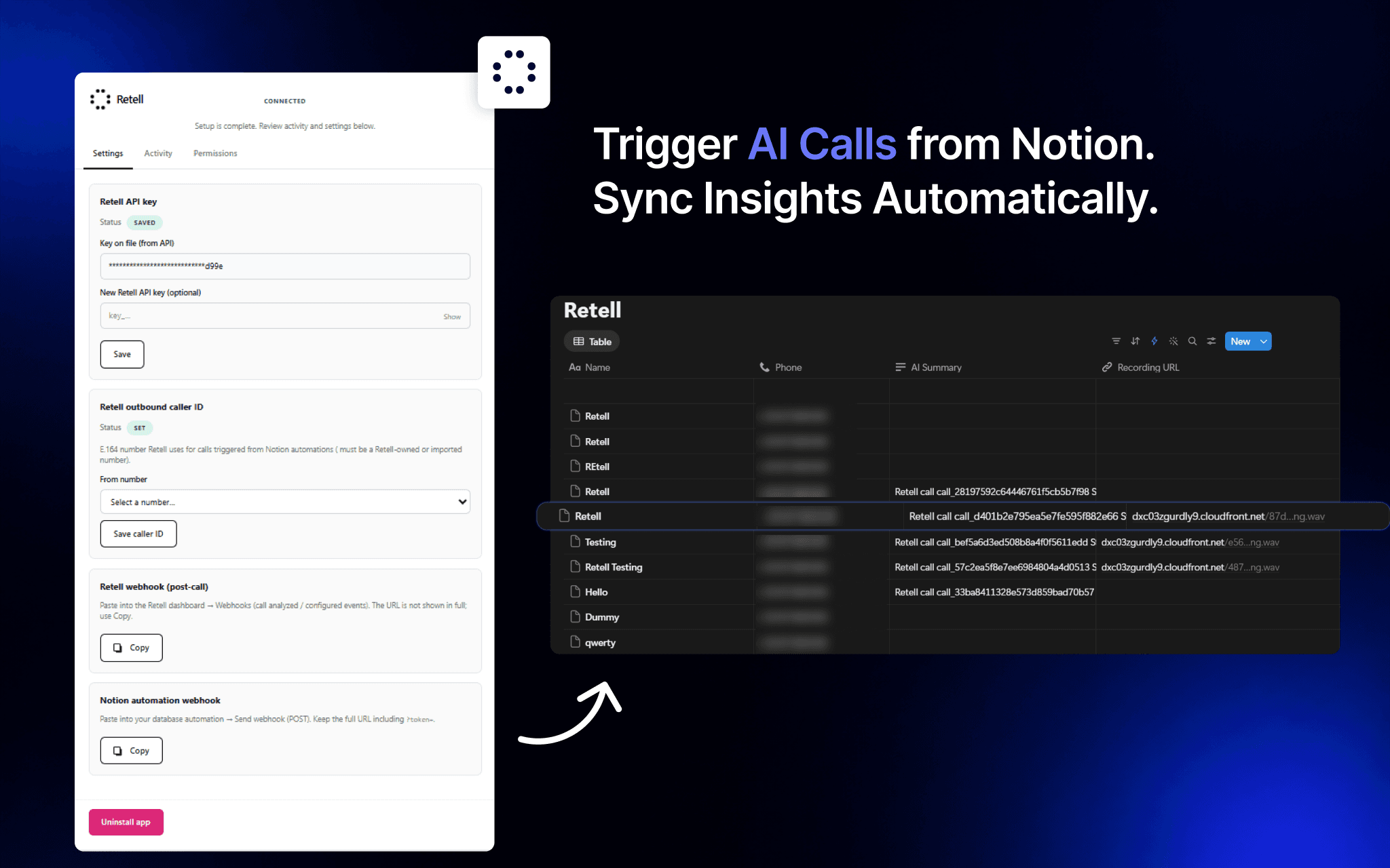 AI phone calls from Notion — connect Retell to your workspace, trigger outbound calls from database automations, and sync outcomes back to Notion.