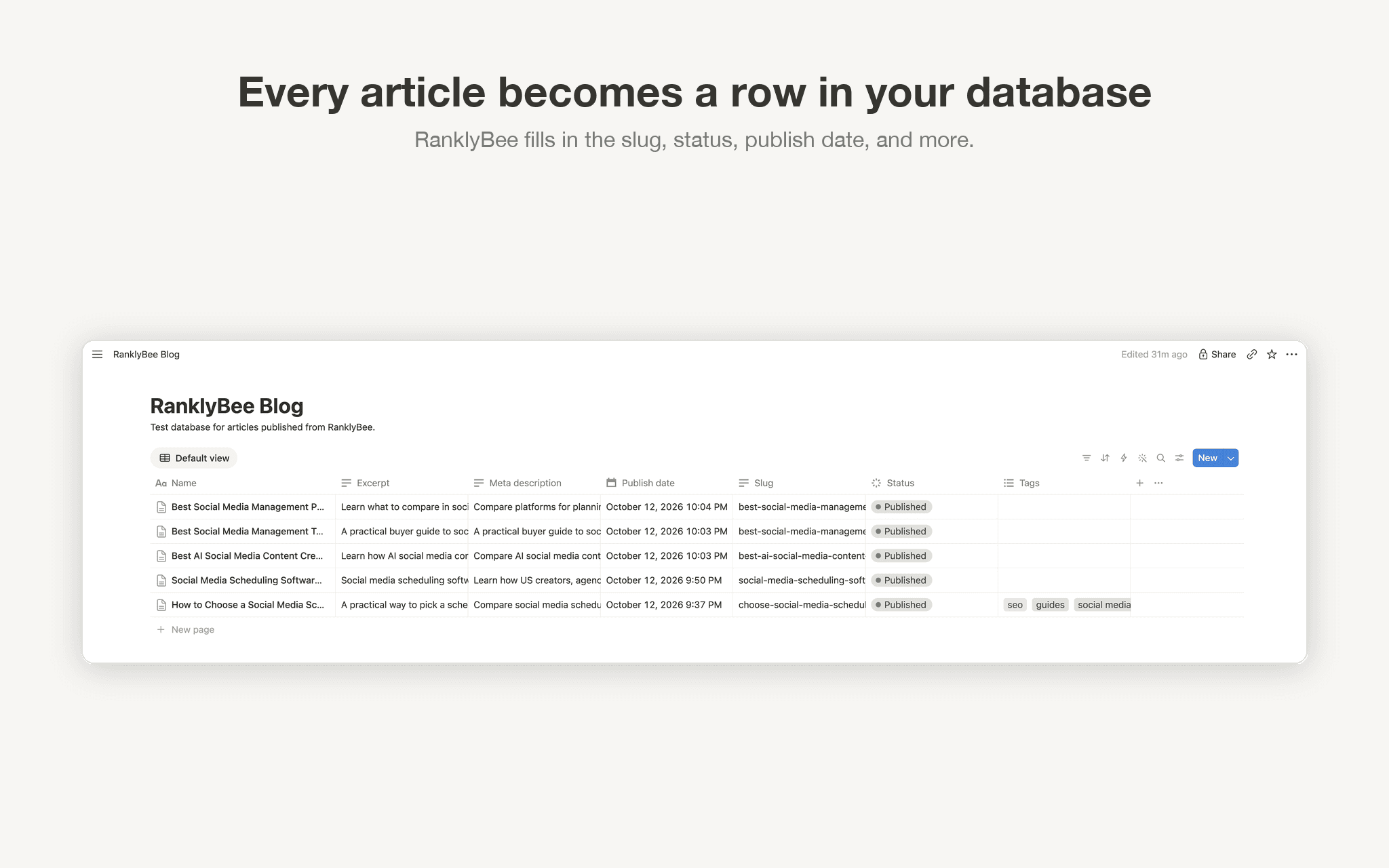 Publish SEO articles from RanklyBee straight into your Notion database.