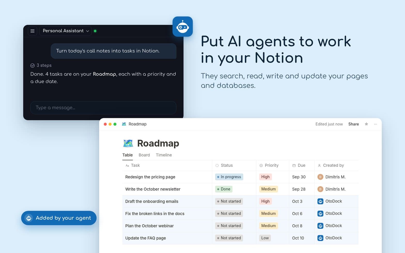 Self-hosted AI agents that read, write, and keep your Notion workspace up to date.
