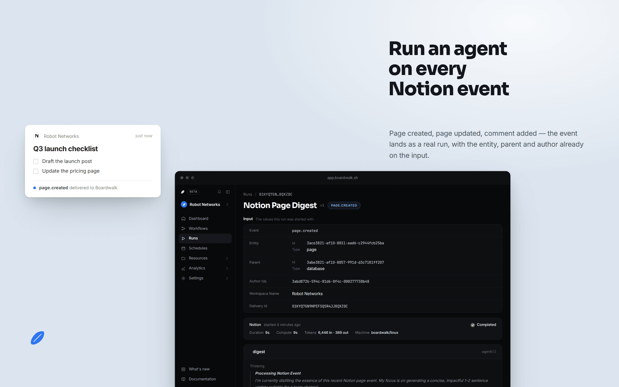 Trigger Boardwalk agent workflows when pages change in your Notion workspace.