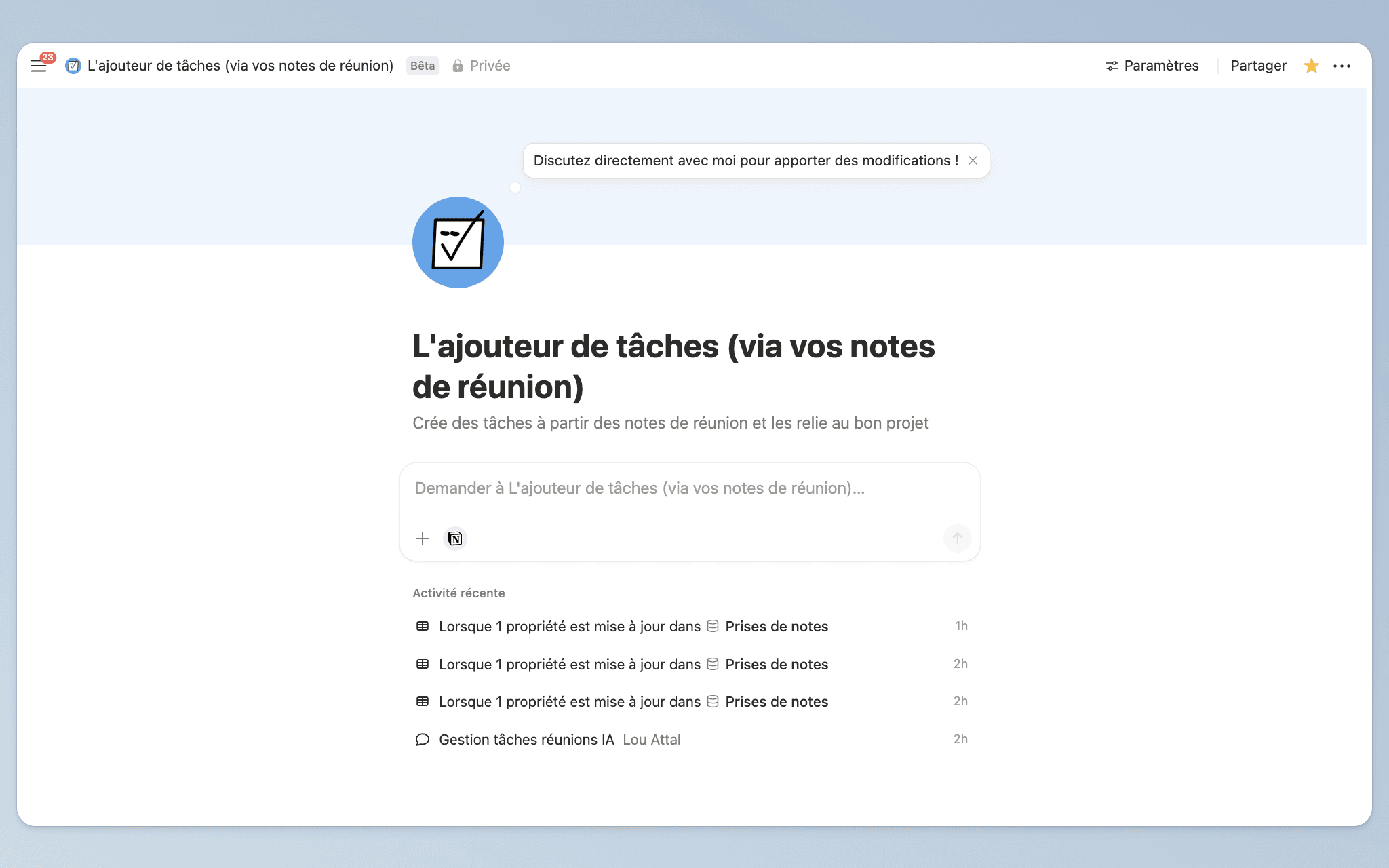 L'ajouteur de tâches (via vos notes de réunion)
