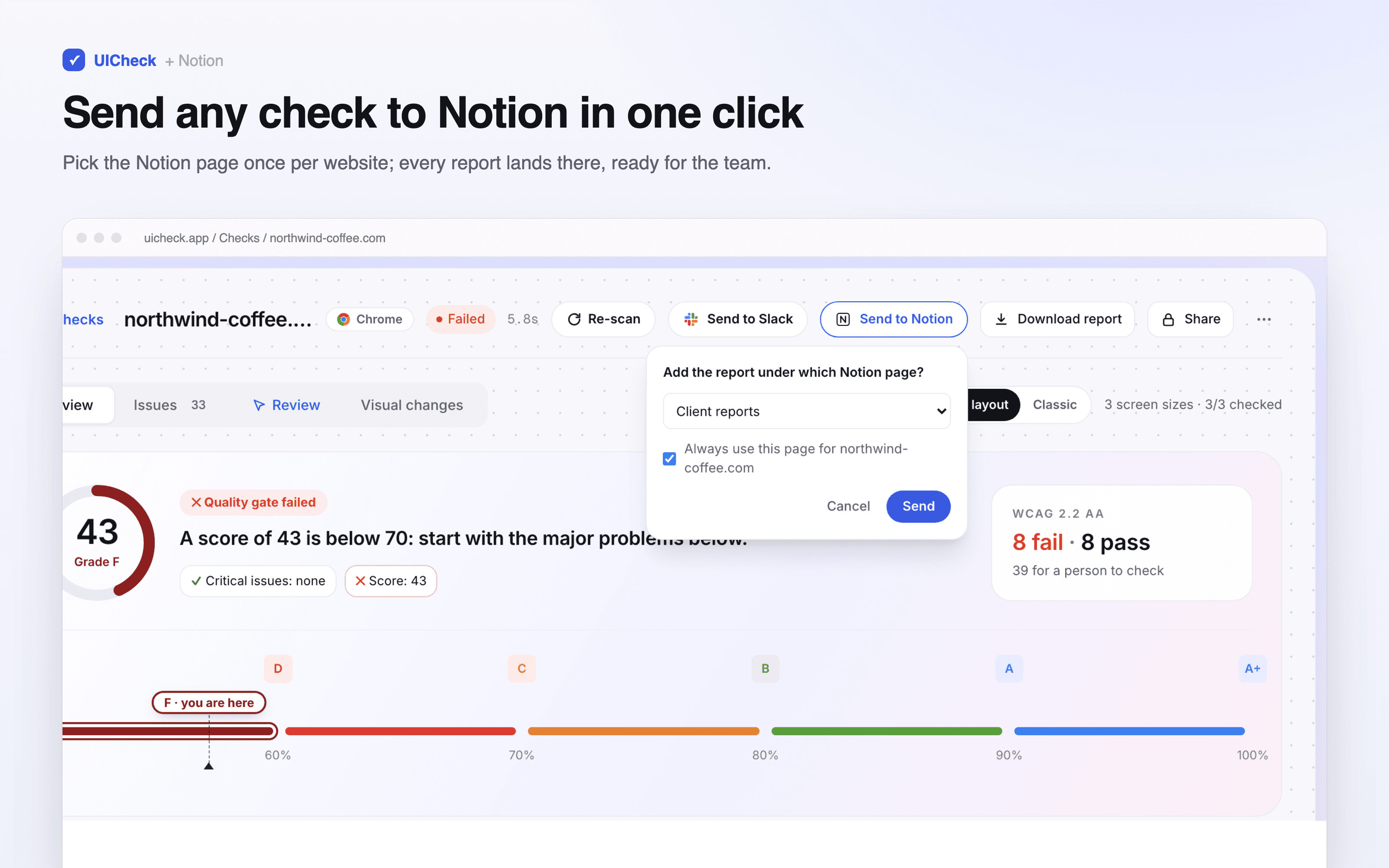 Send website QA reports to Notion: every bug with its screenshot and how to fix it.