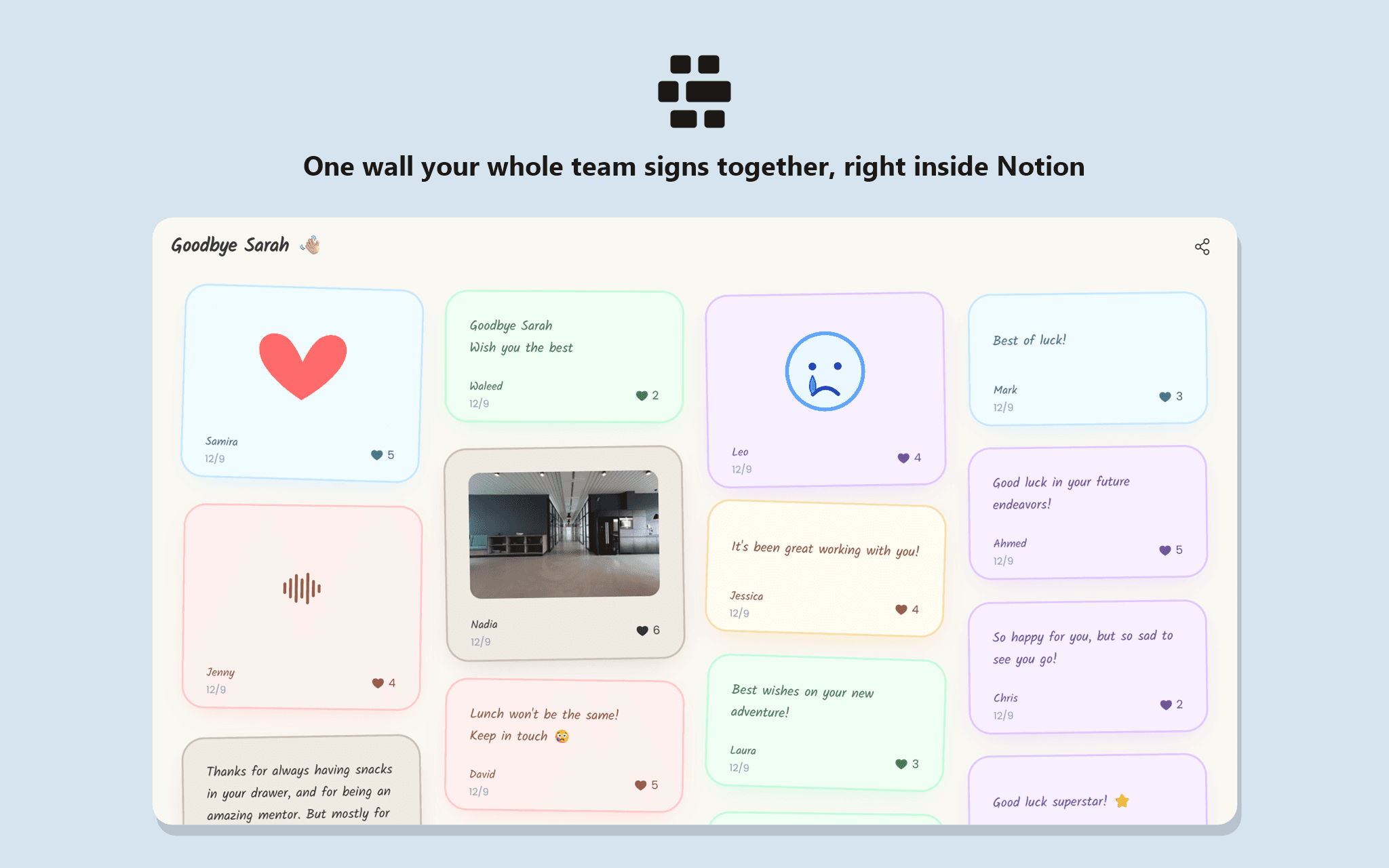 The group greeting card your team signs together, right inside Notion.