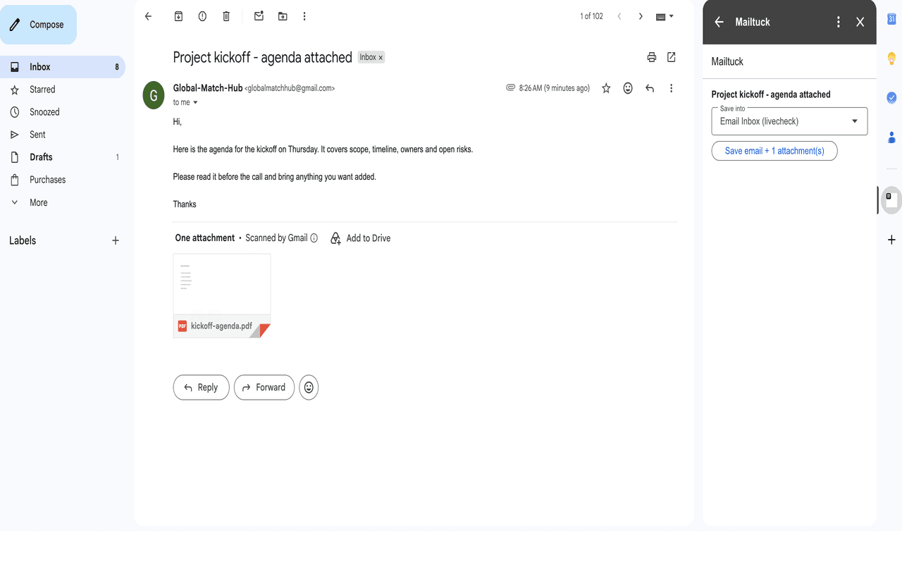 Save the email you're reading, with its attachments, into a Notion database.
