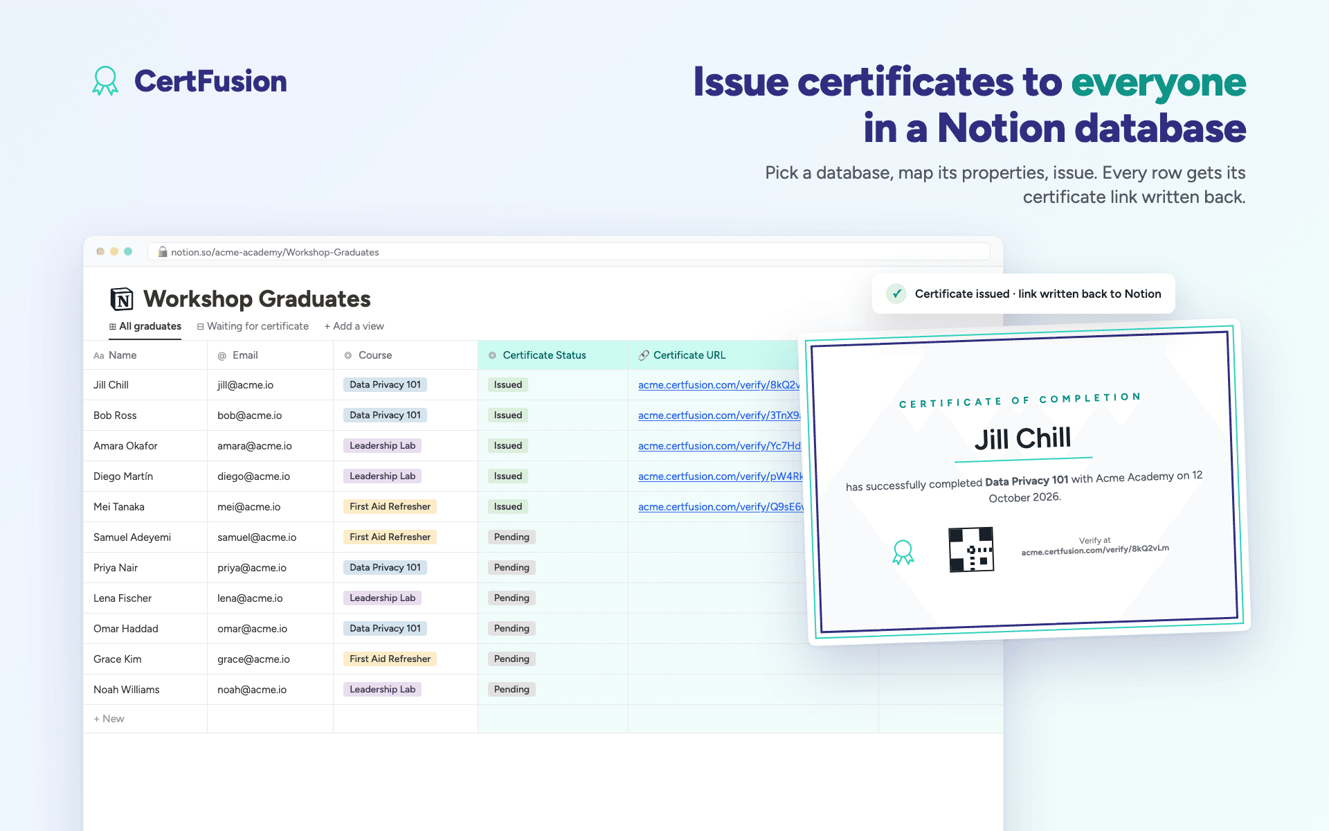 Issue certificates to everyone in a Notion database, with links written back
