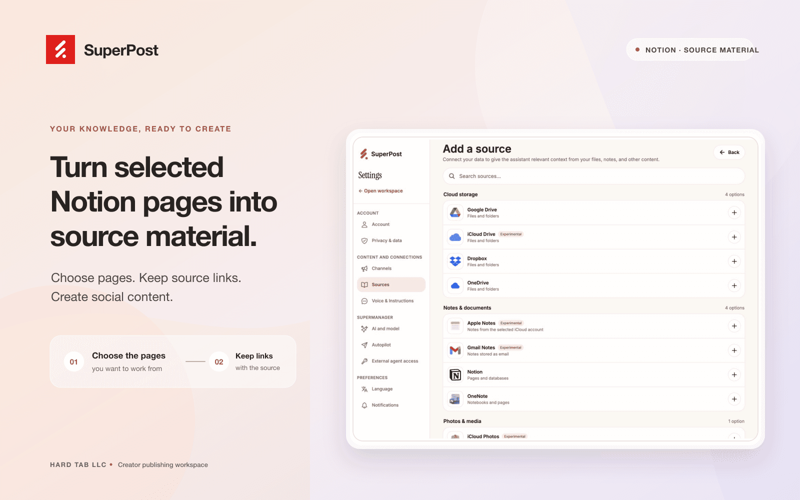 Turn selected Notion pages into a source library for your social content