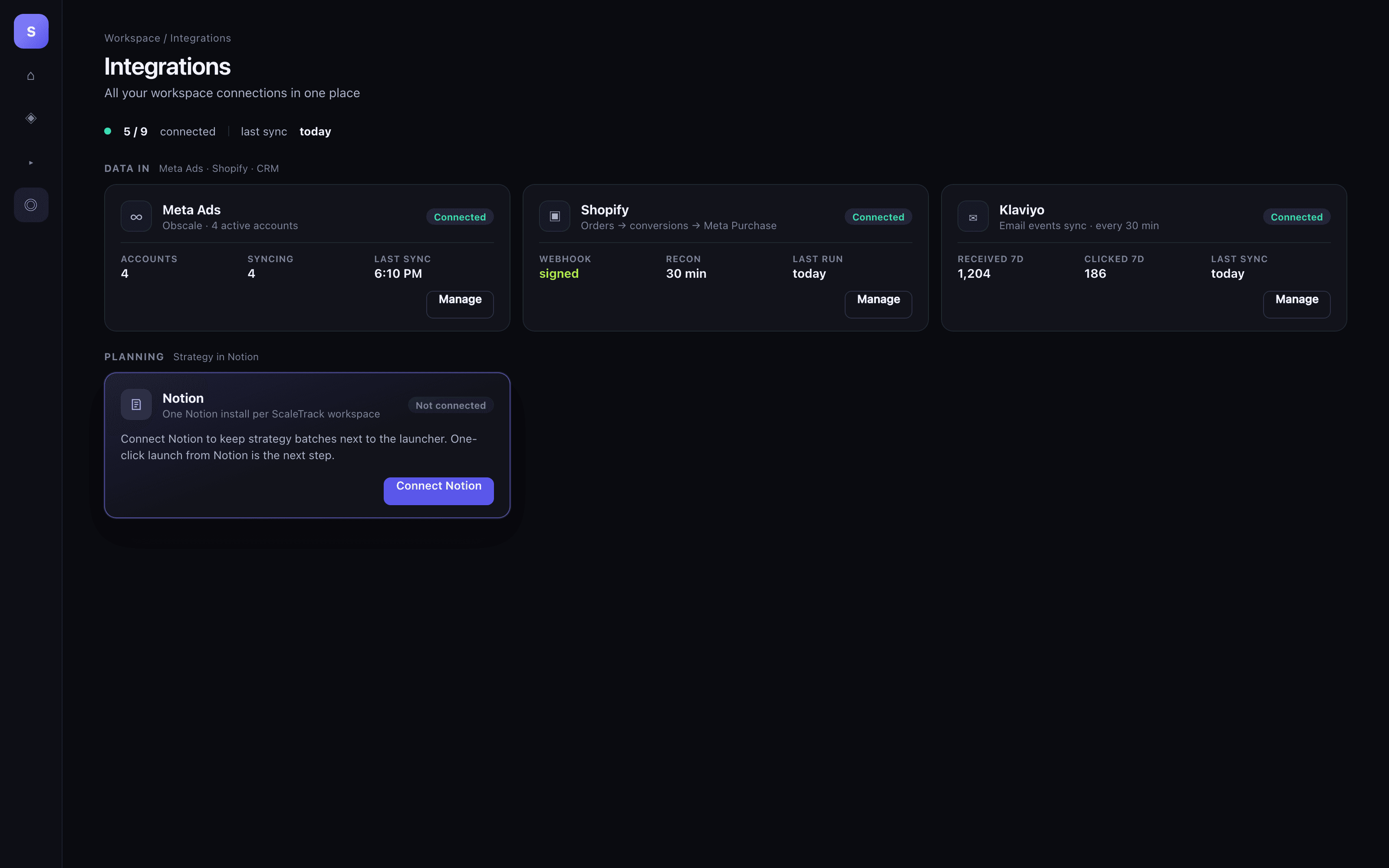 Connect Notion to ScaleTrack — keep campaign strategy next to the Meta launcher.