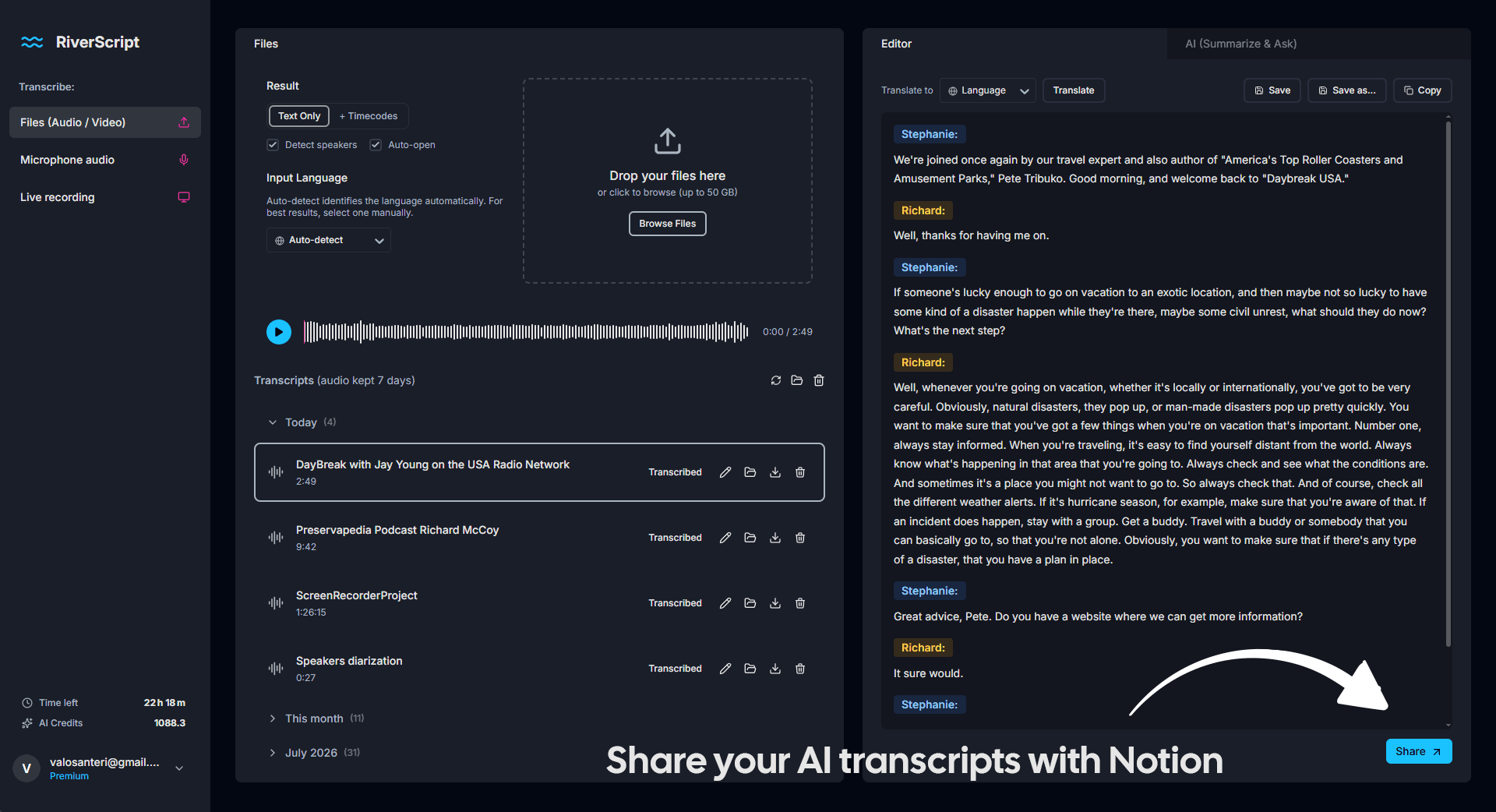 Save transcripts from RiverScript as Notion pages