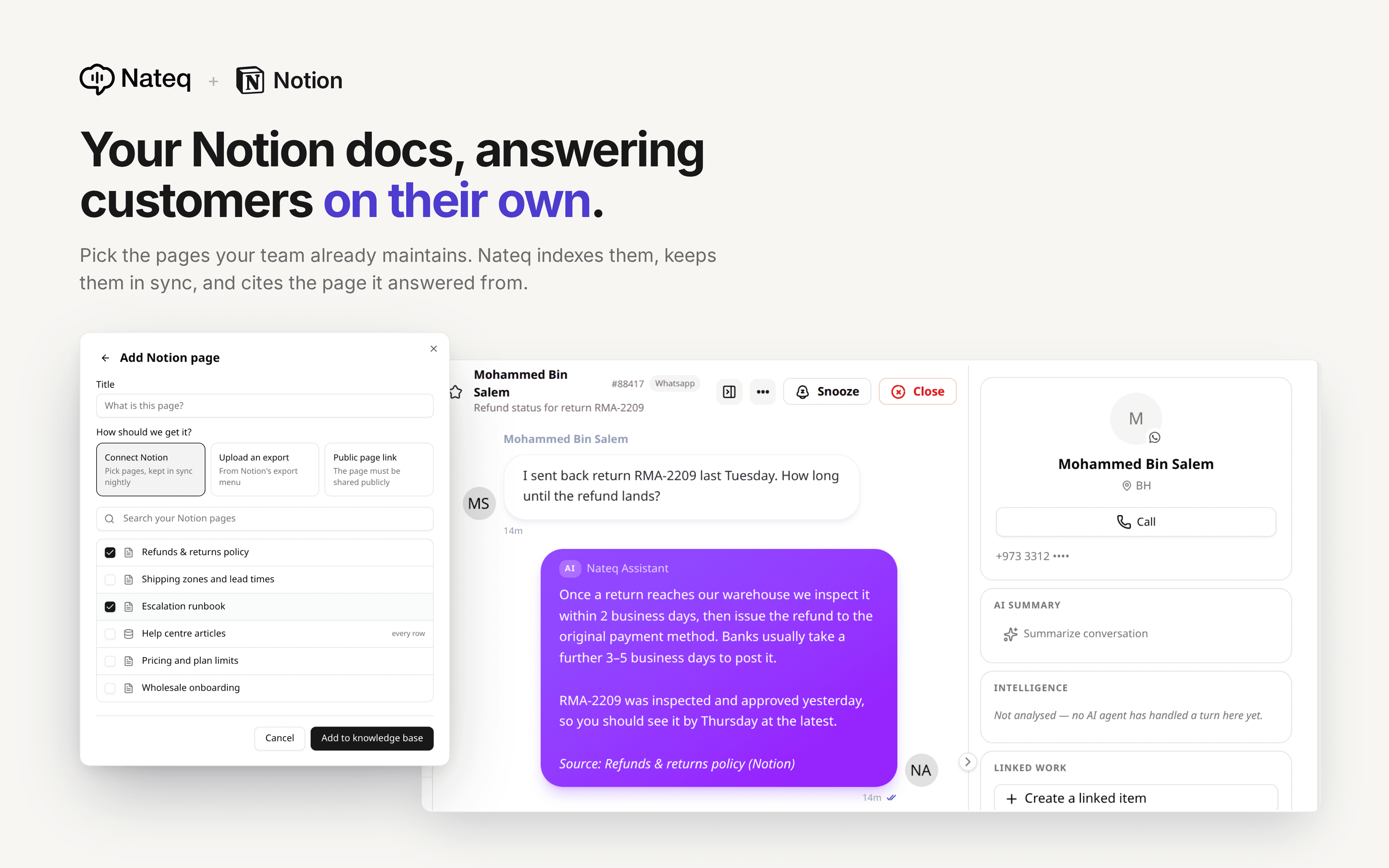 Answer customer questions using the docs your team already writes in Notion, Turn your Notion pages into answers for your support inbox.