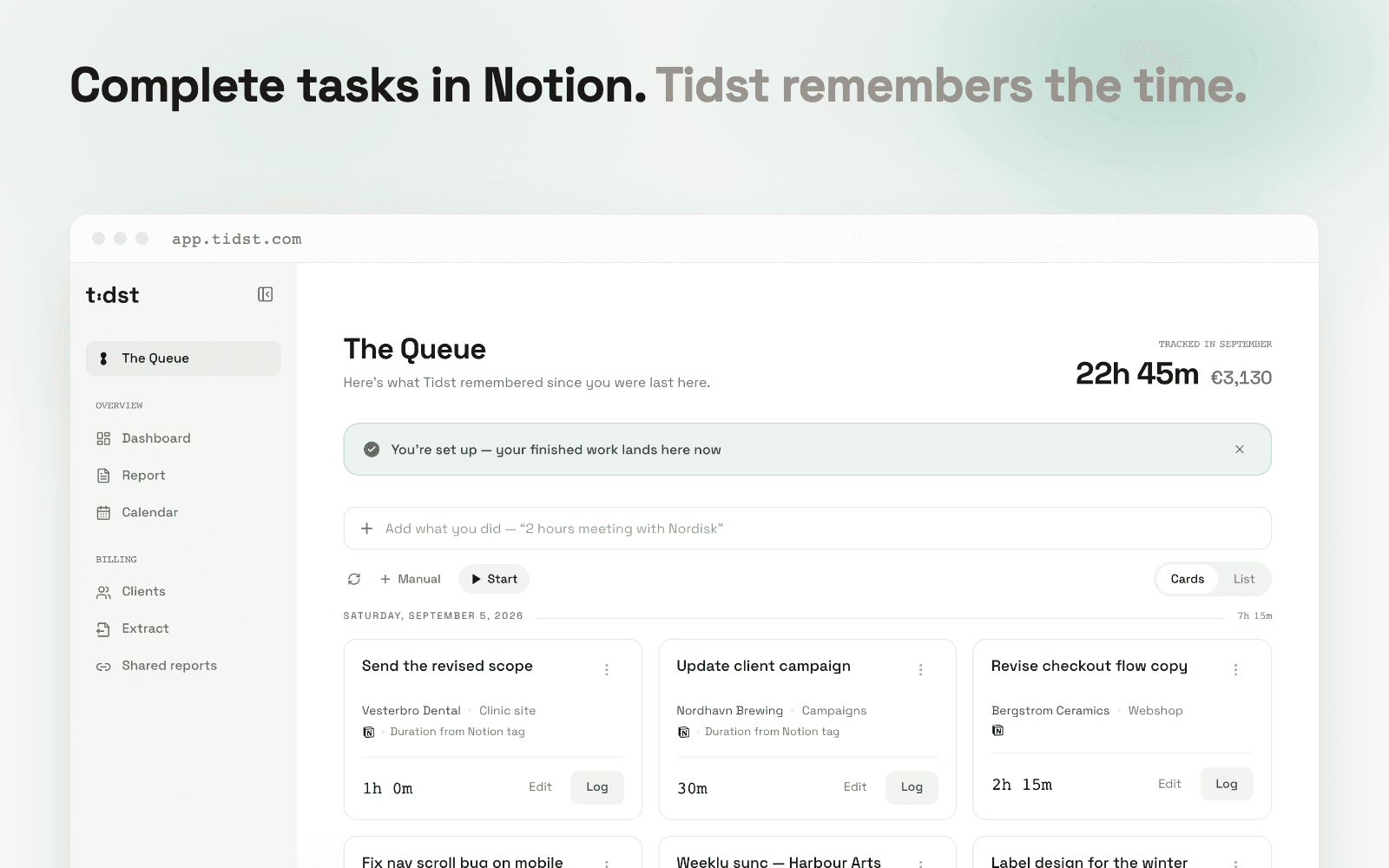 Turn finished Notion tasks into billable time.
