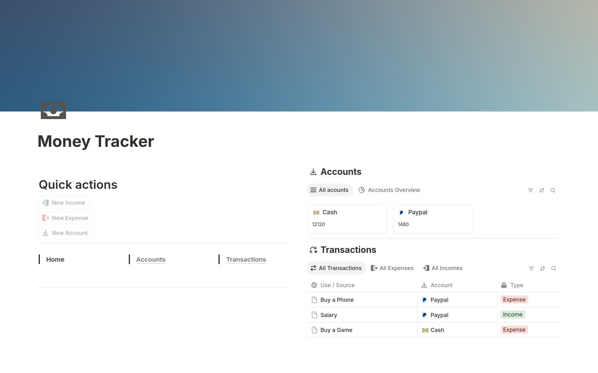 A template preview for Money Tracker