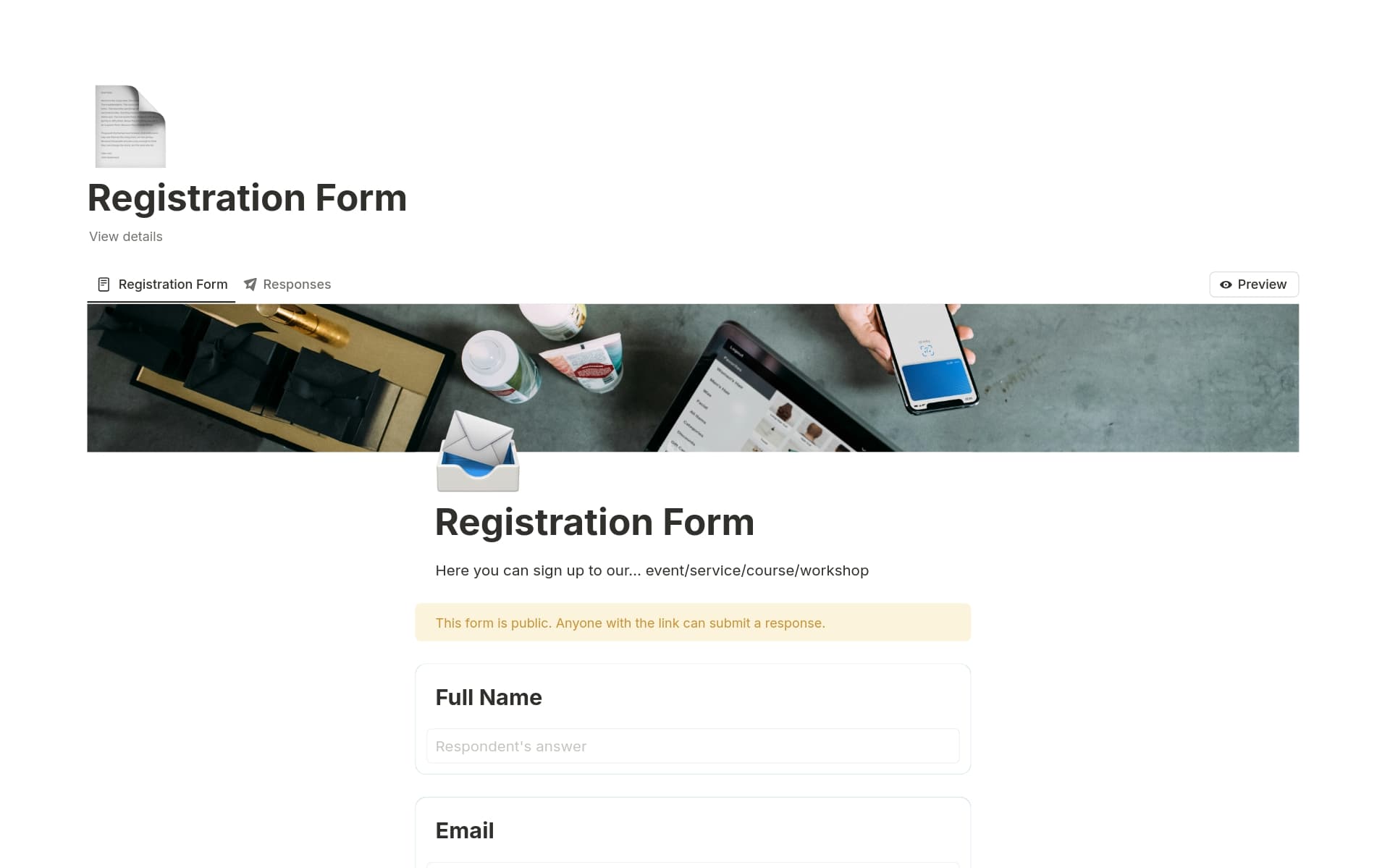 A template preview for Registration Form