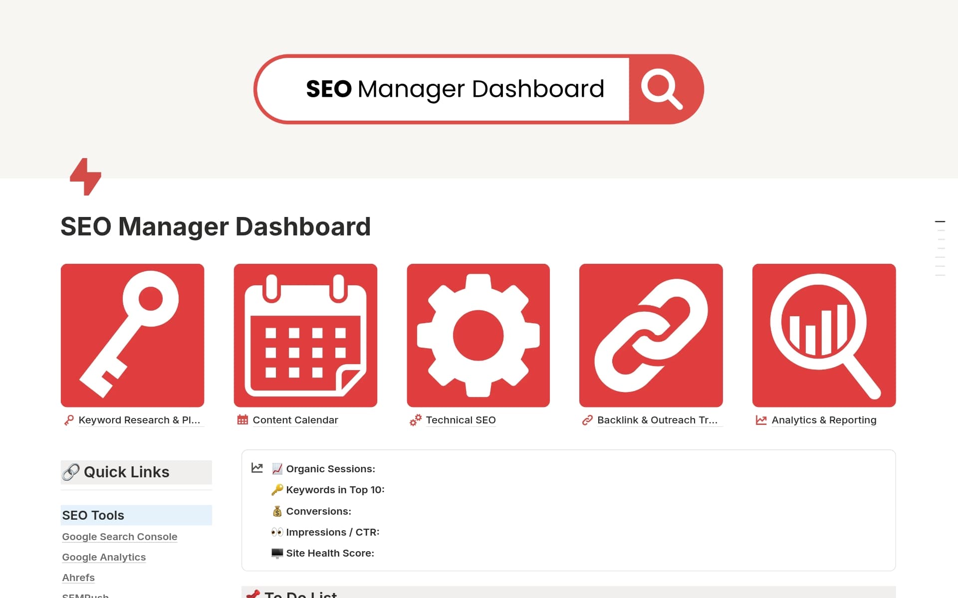 A template preview for SEO Manager Dashboard