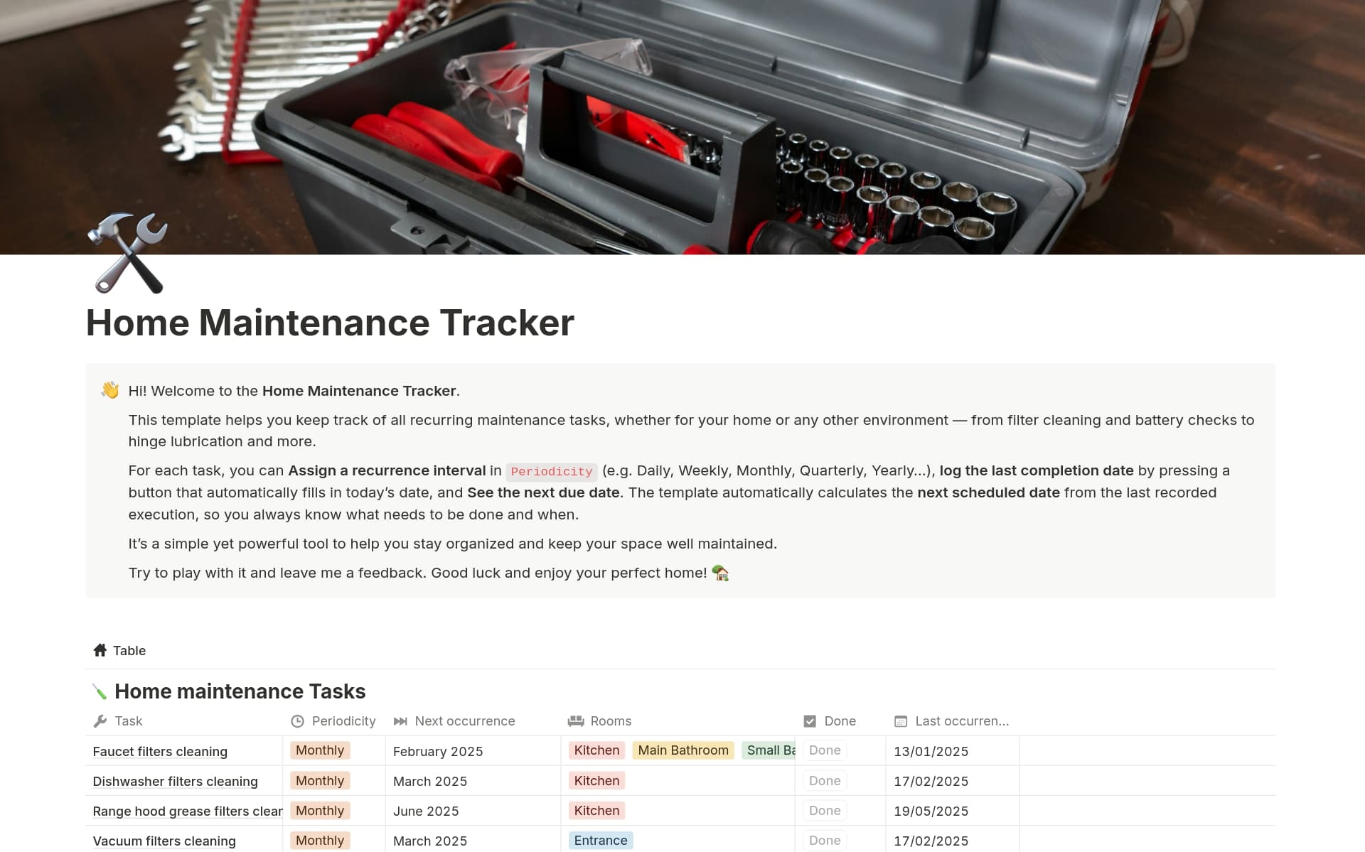 A template preview for Home Maintenance Tracker