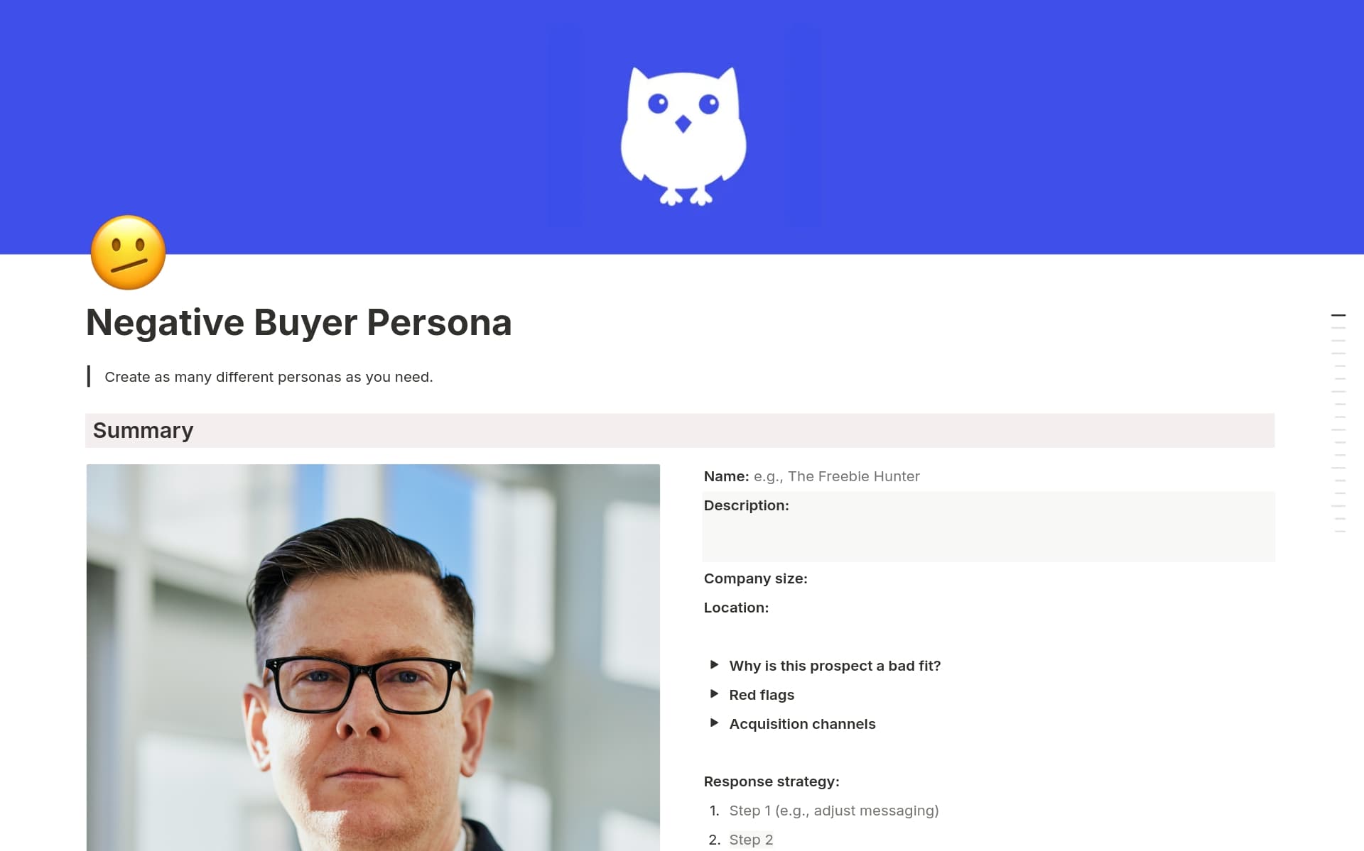 A template preview for Negative Buyer Persona