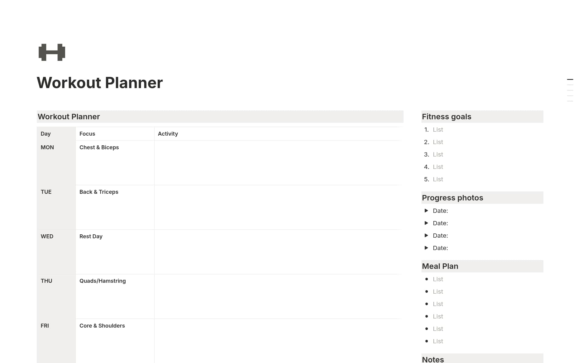 A template preview for Workout Planner