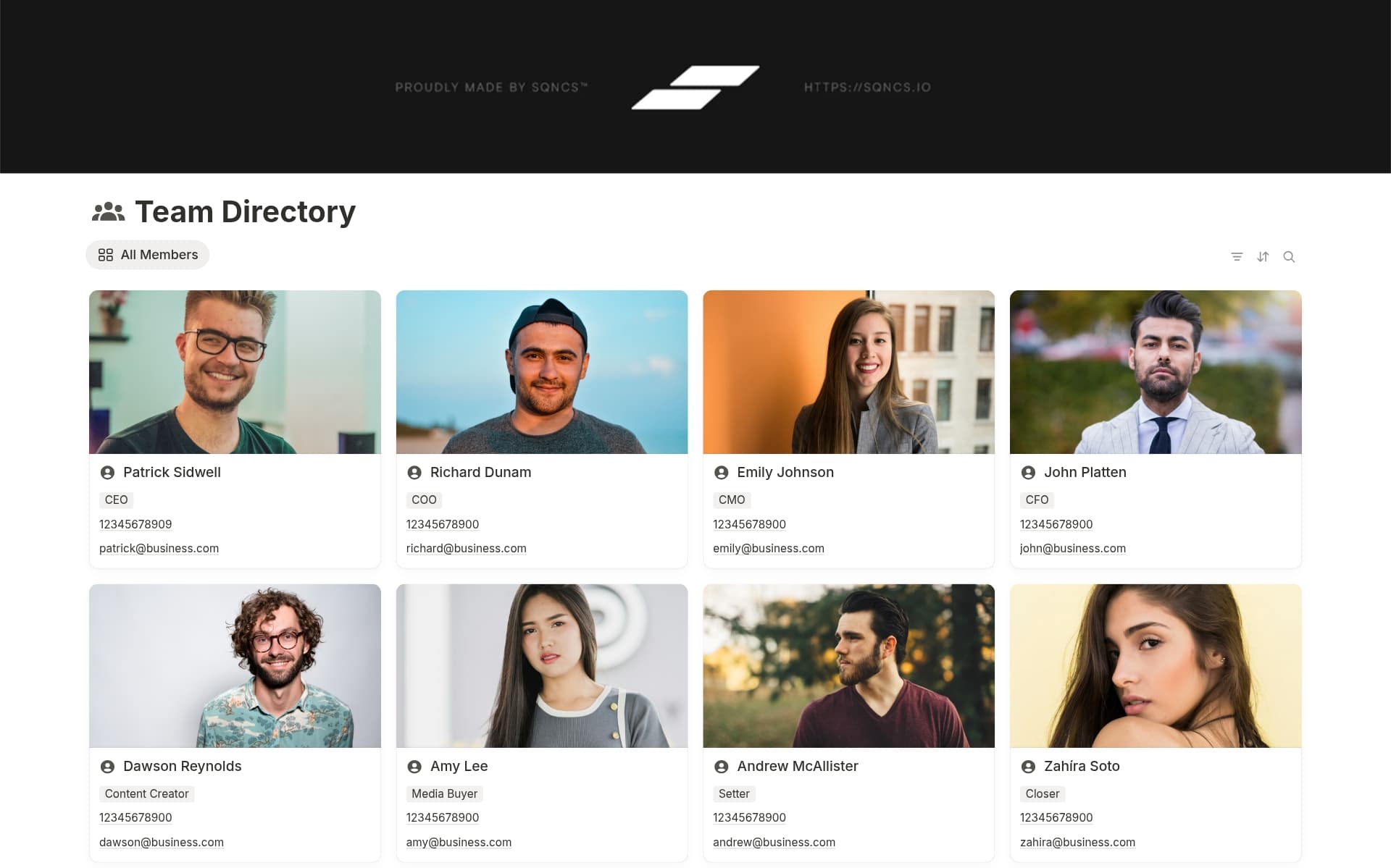 A template preview for Team Directory