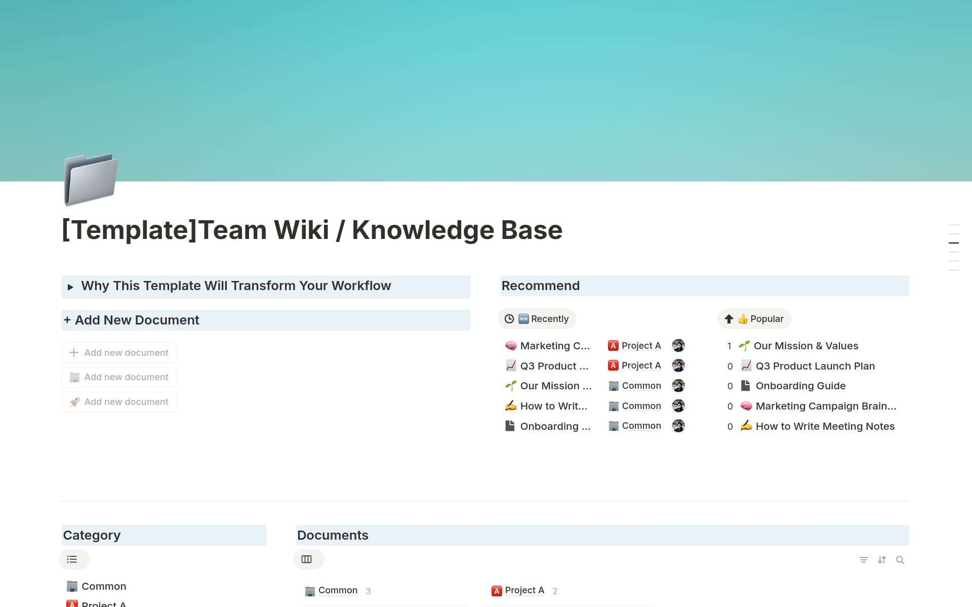 A template preview for Team Wiki / Knowledge Base