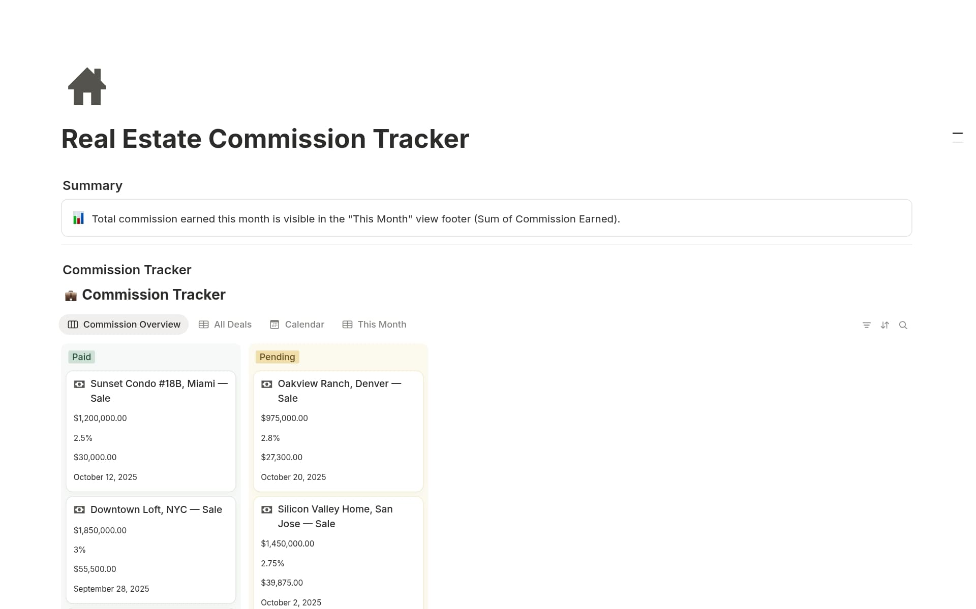 A template preview for Real Estate Commission Tracker